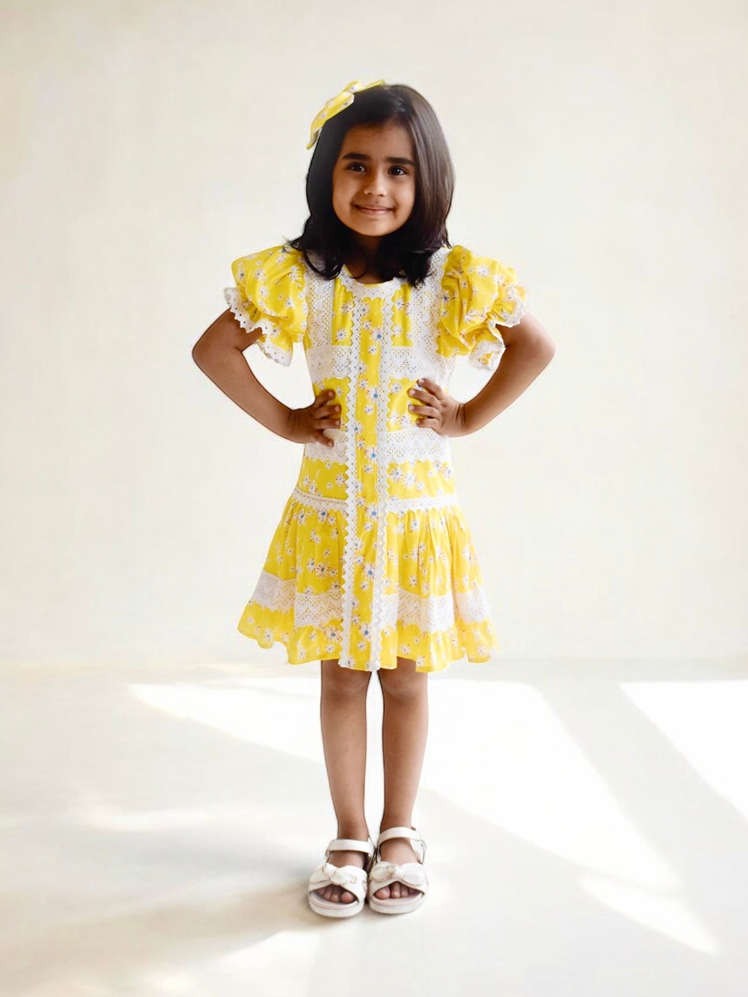 

Fayon Kids Floral Printed Flutter Sleeve Net Fit & Flare Dress, Yellow
