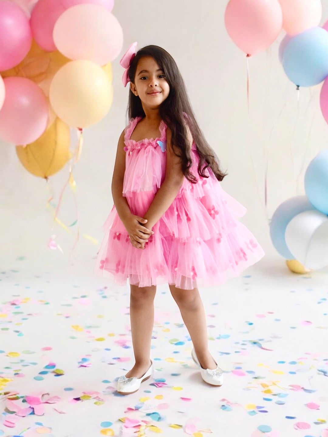 

Fayon Kids Floral Embroidered Shoulder Straps Net Above Knee Fit & Flare Dress, Pink