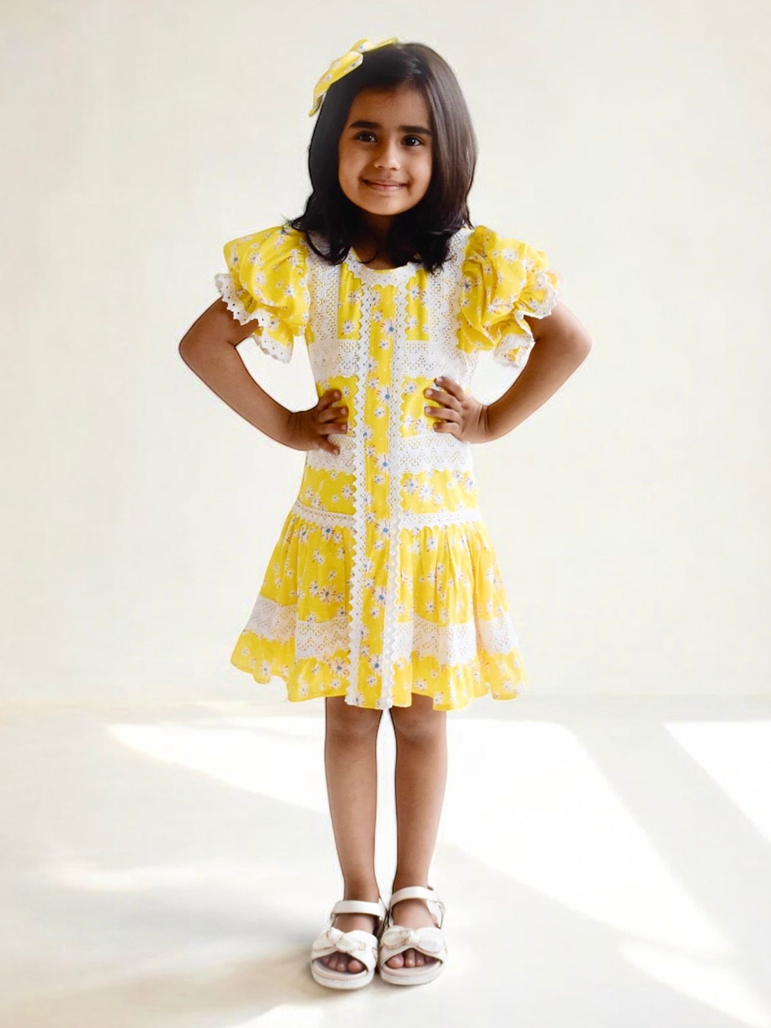 

Fayon Kids Floral Print Flutter Sleeve Net Fit & Flare Dress, Yellow