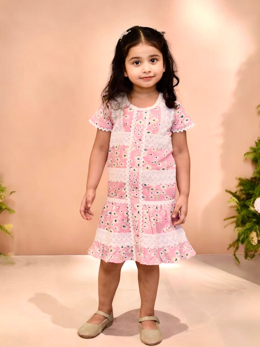 

Fayon Kids Floral Print Round Neck Short Sleeves Net Knee Length A-Line Dress, Pink