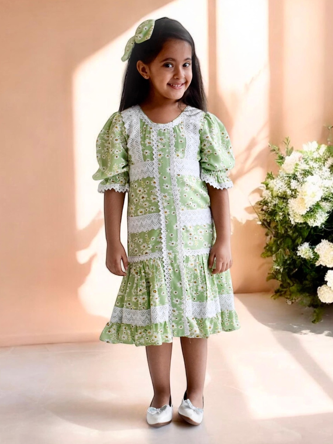 

Fayon Kids Girls Floral Printed Flutter Sleeve A-Line Midi Dress, Green