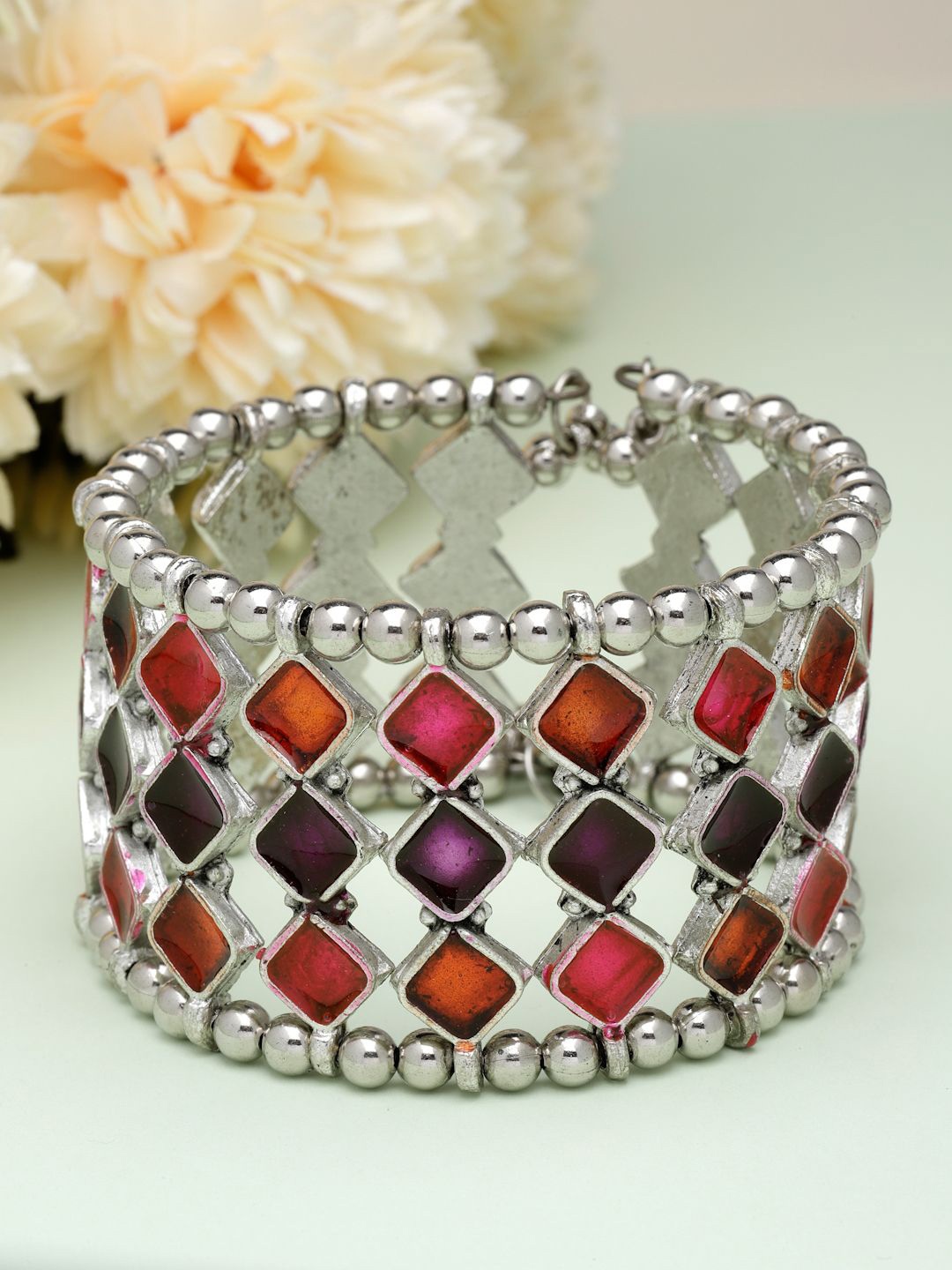 

Moedbuille Silver-Plated Meenakari Work Antique Afghan Design Cuff Bracelet