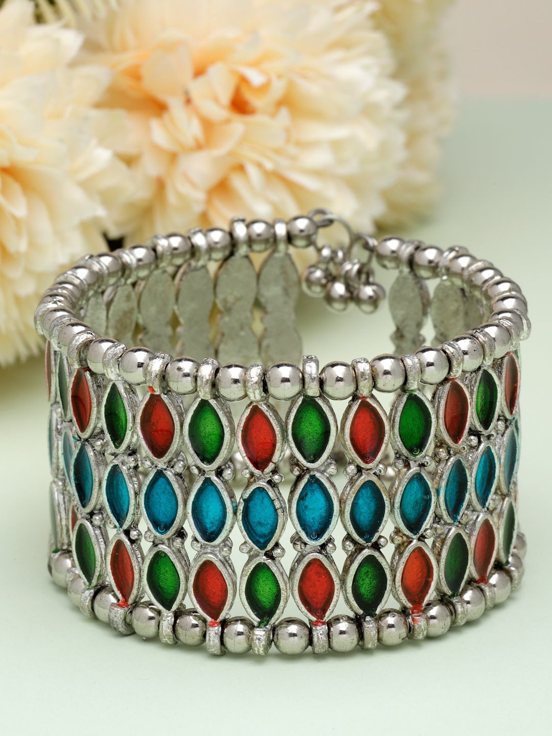 

Moedbuille Silver-Plated Meenakari Work Antique Afghan Design Cuff Bracelet