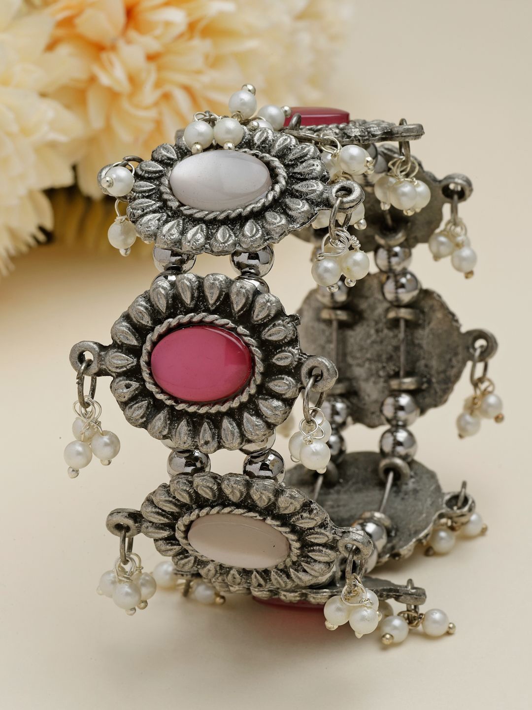 

Moedbuille Silver-Plated Mirror & Pearls Antique Filigree Oxidised Bangle-Style Bracelet, Pink