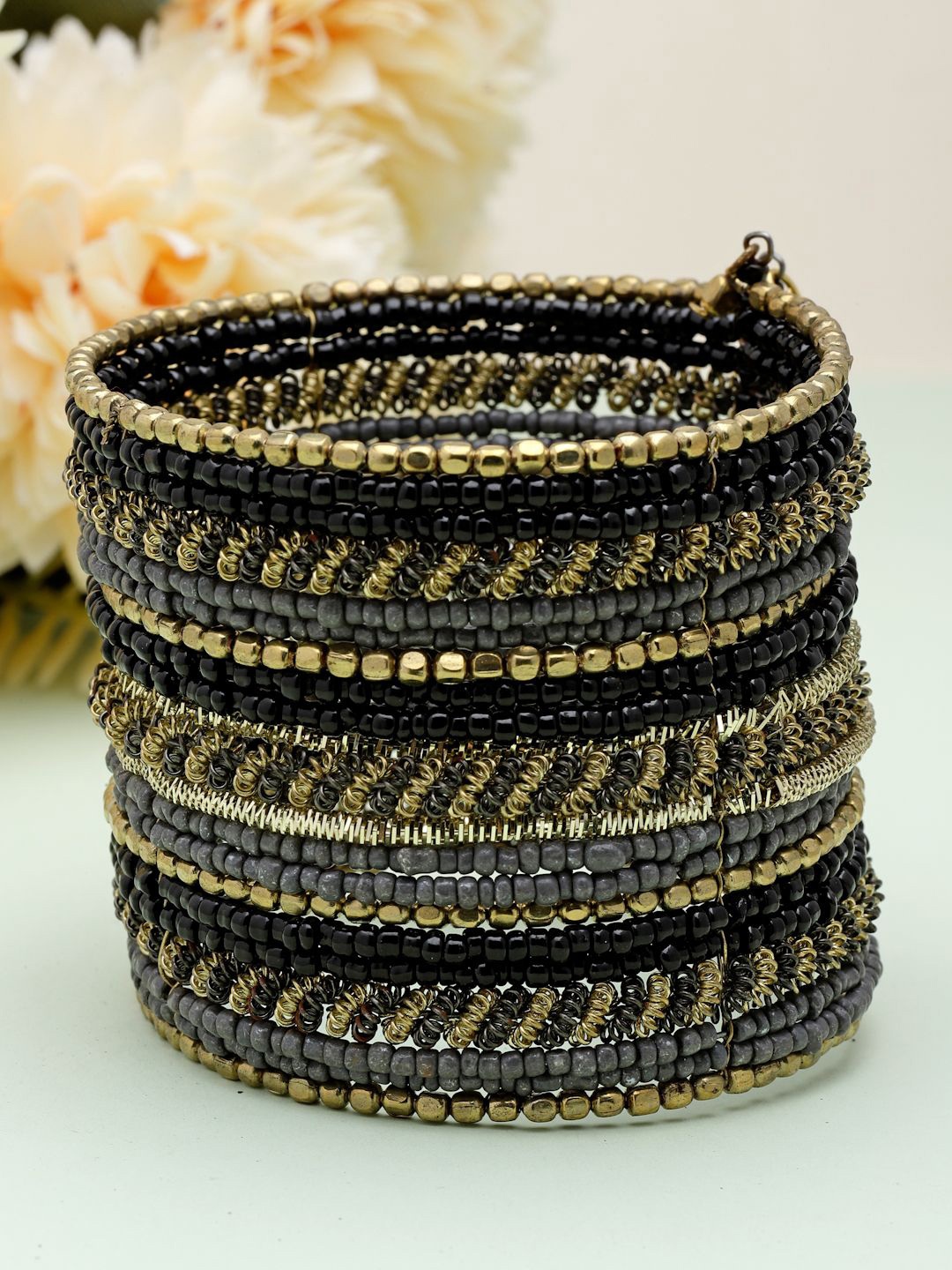 

Moedbuille Gold-Plated Beads Studded Afghan Design Cuff Bracelet