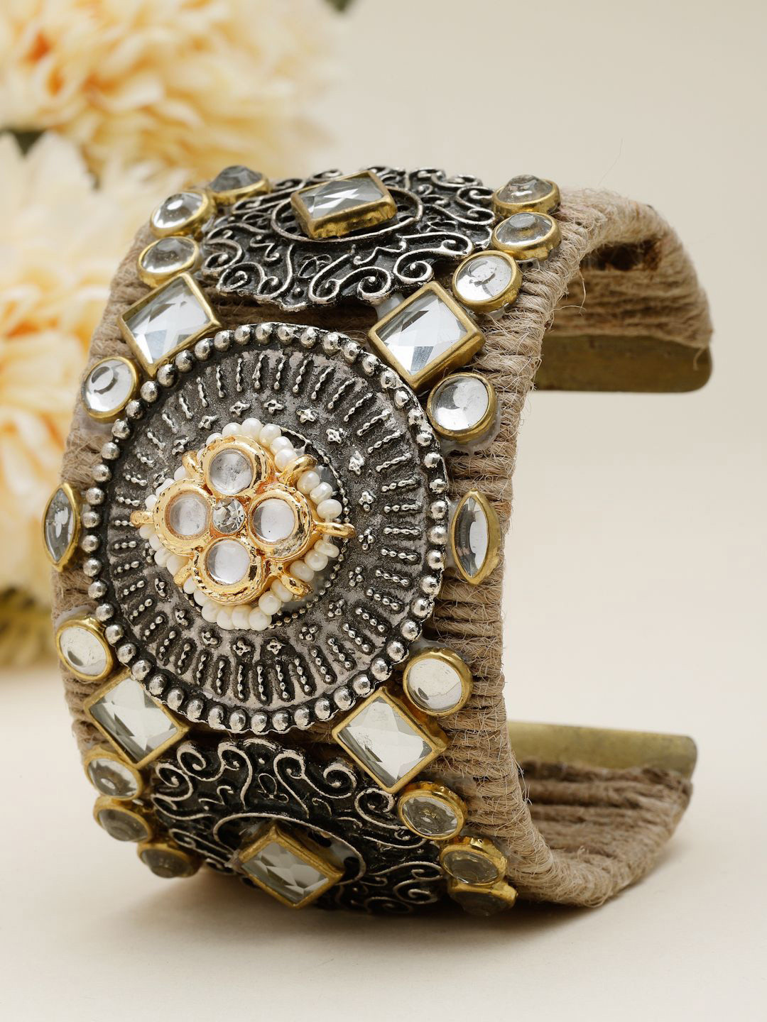 

Moedbuille Silver-Plated Kundan Antique Tribal Design Jute Cuff Bracelet