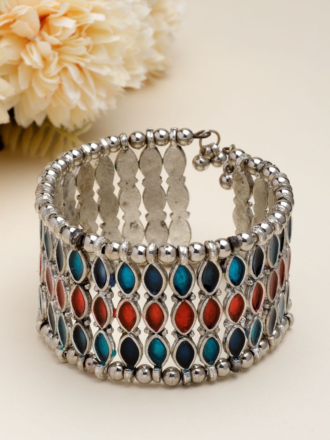 

Moedbuille Silver-Plated Meenakari Work Antique Afghan Design Cuff Bracelet
