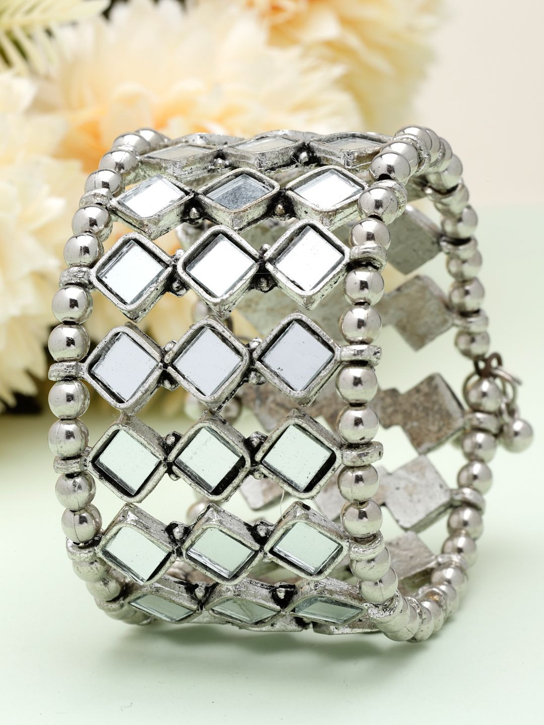 

Moedbuille Silver-Plated Mirrors Studded Antique Afghan Design Cuff Bracelet