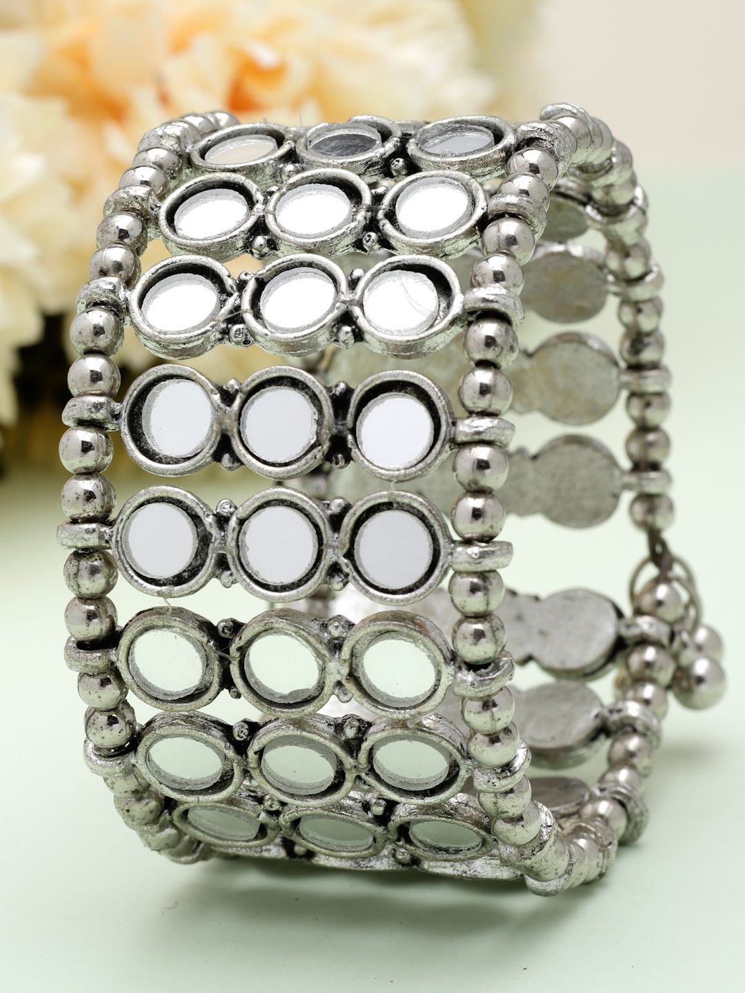 

Moedbuille Silver-Plated Mirrors Studded Antique Afghan Design Cuff Bracelet