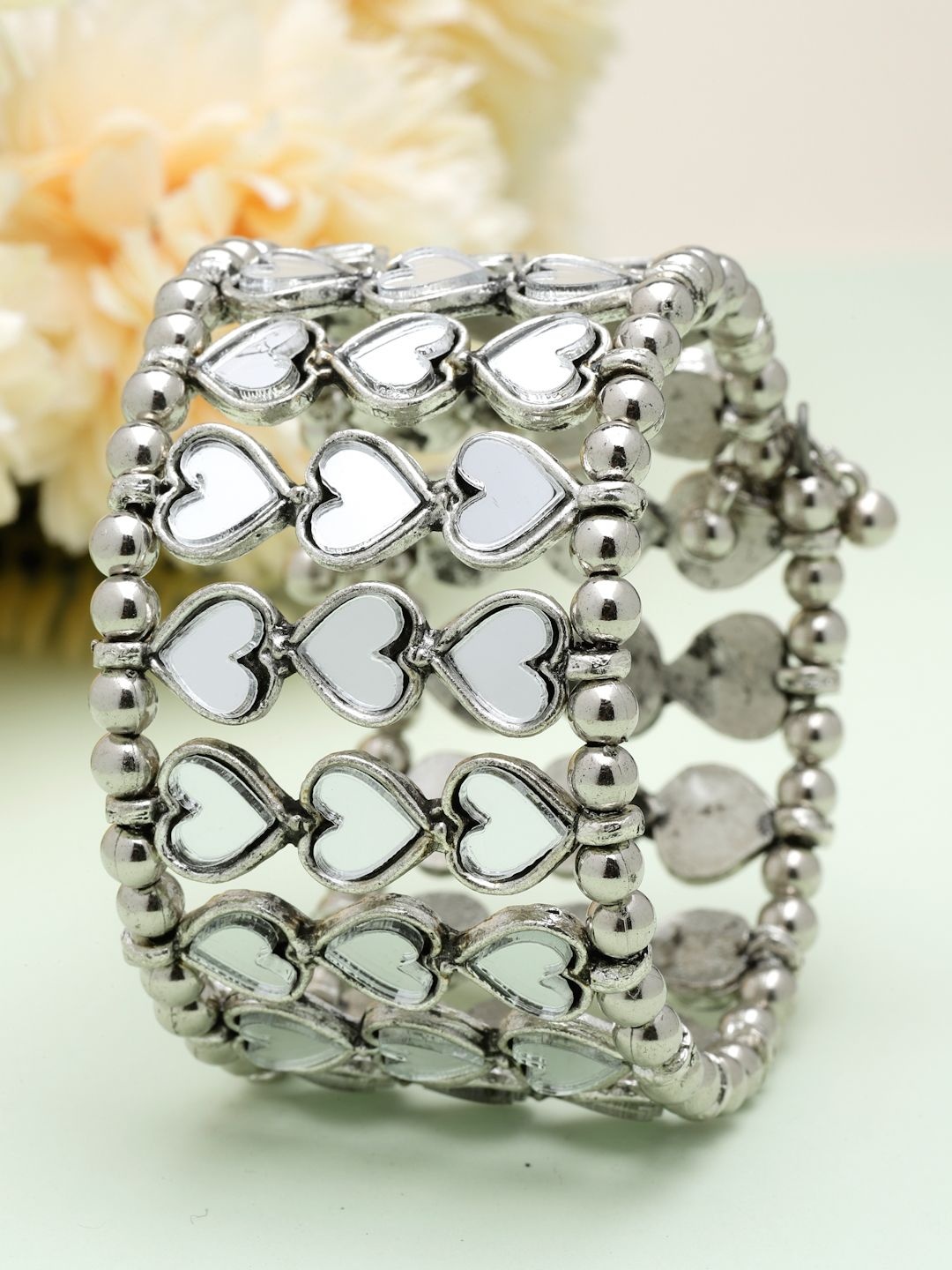 

Moedbuille Silver-Plated Mirrors Studded Heart Shape Afghan Design Cuff Bracelet