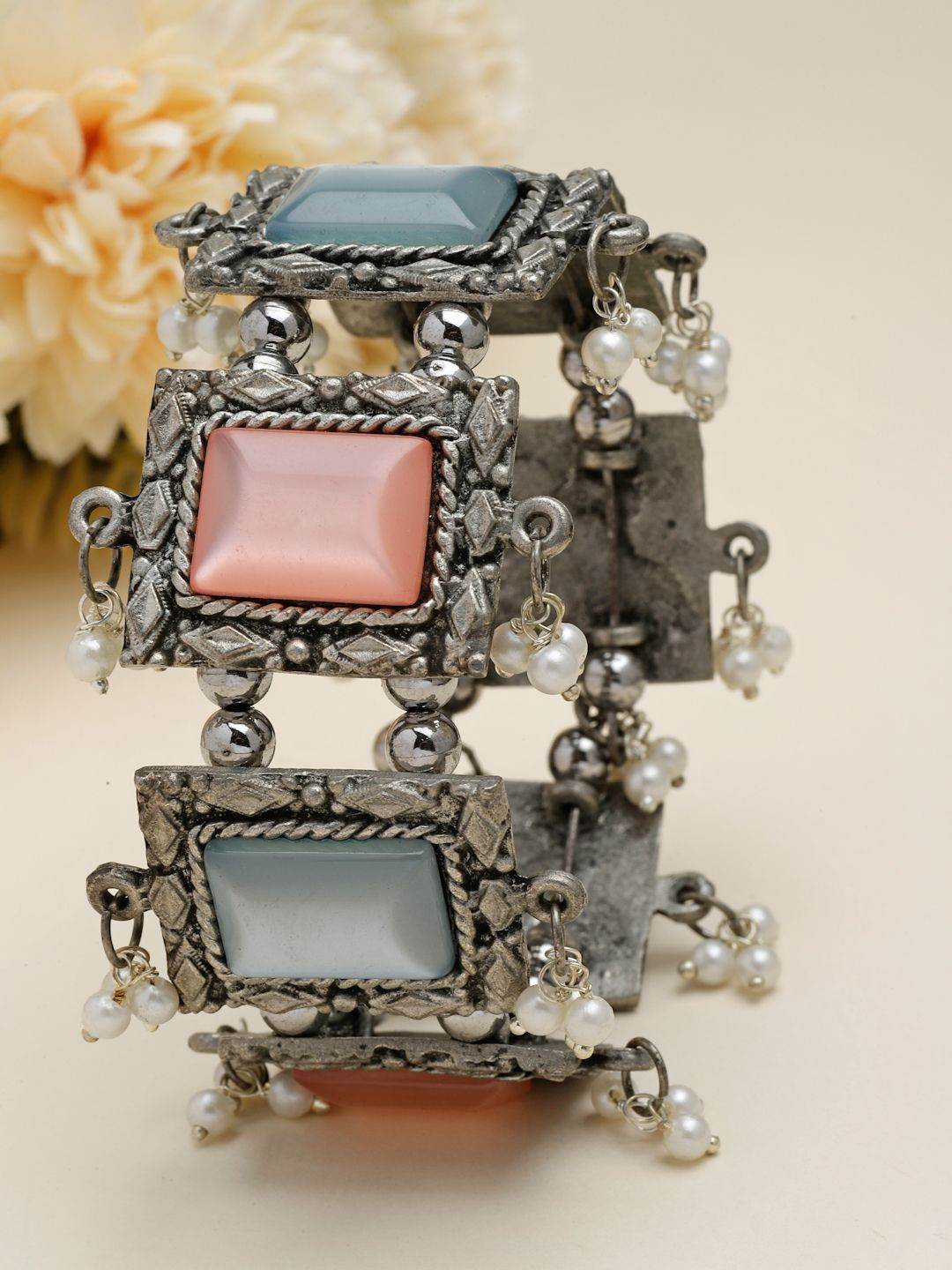 

Moedbuille Silver-Plated Mirrors & Pearls Antique Filigree Oxidised Bangle-Style Bracelet