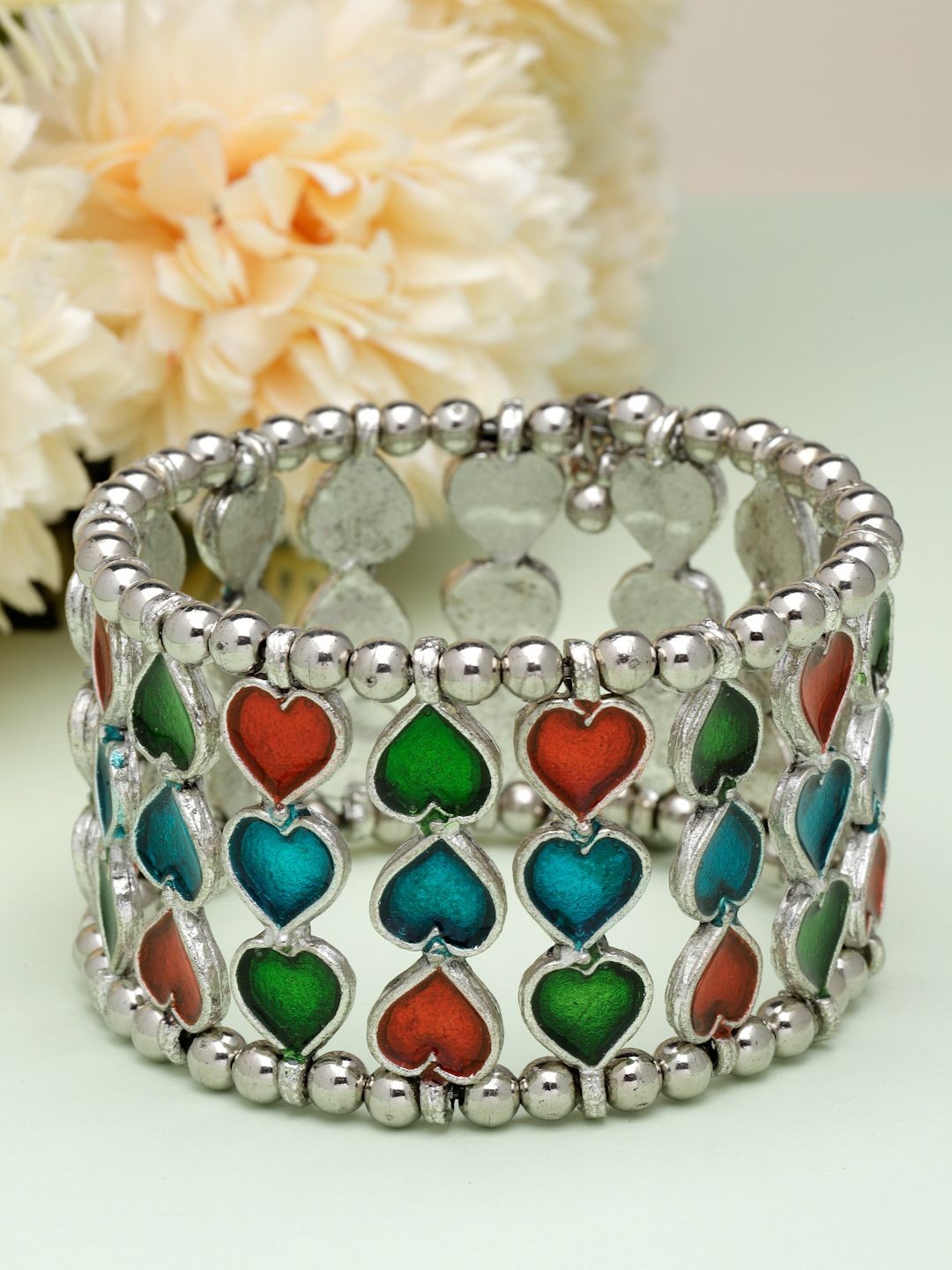 

Moedbuille Silver-Plated Meenakari Work Heart Shape Afghan Design Cuff Bracelet