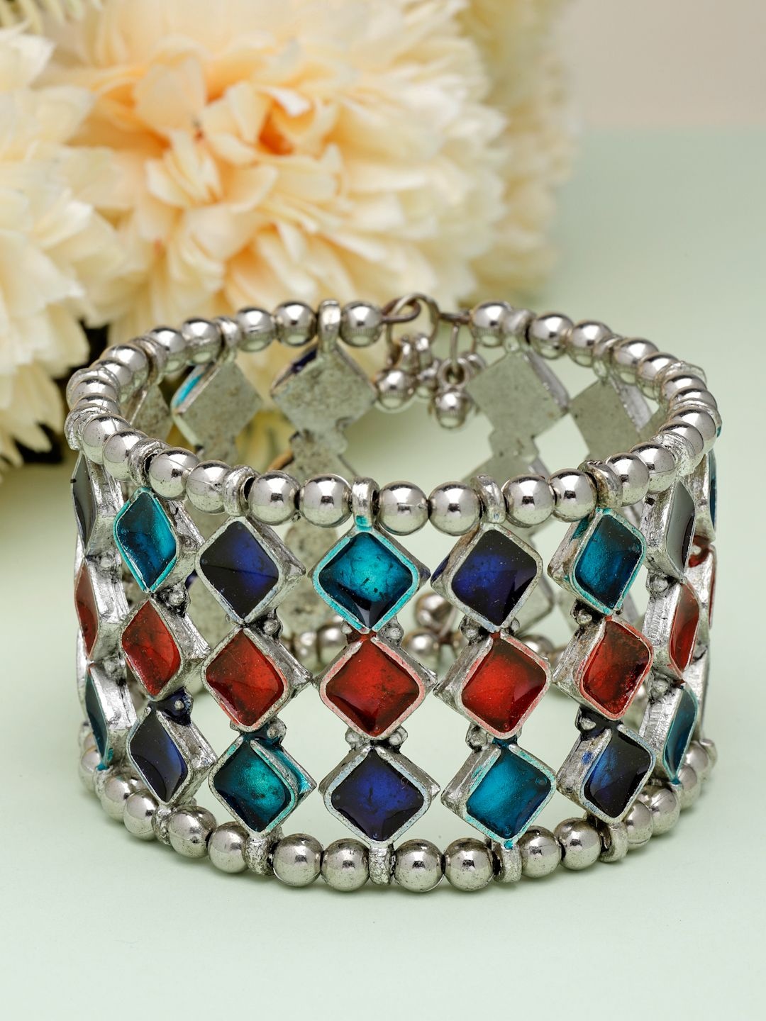 

Moedbuille Silver-Plated Meenakari Work Antique Afghan Design Cuff Bracelet