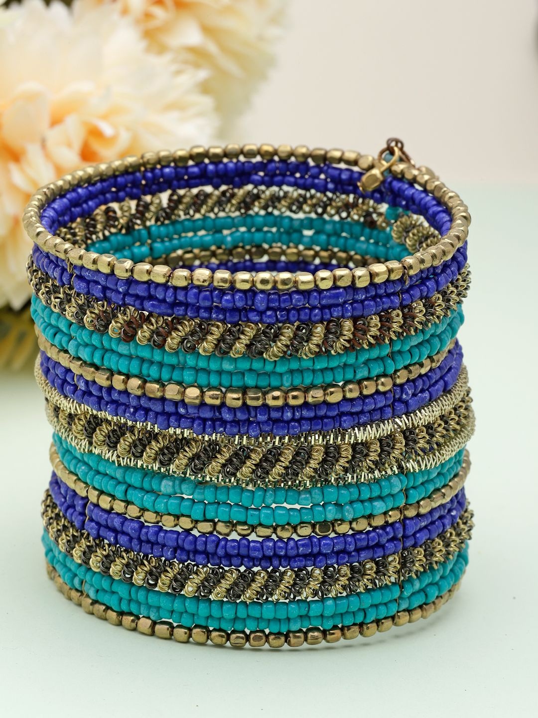 

Moedbuille Gold-Plated Beads Studded Afghan Design Cuff Bracelet, Turquoise blue