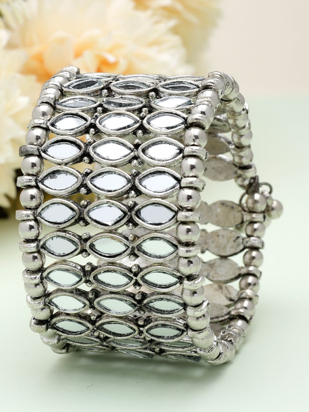 

Moedbuille Silver-Plated Mirrors Studded Antique Afghan Design Cuff Bracelet