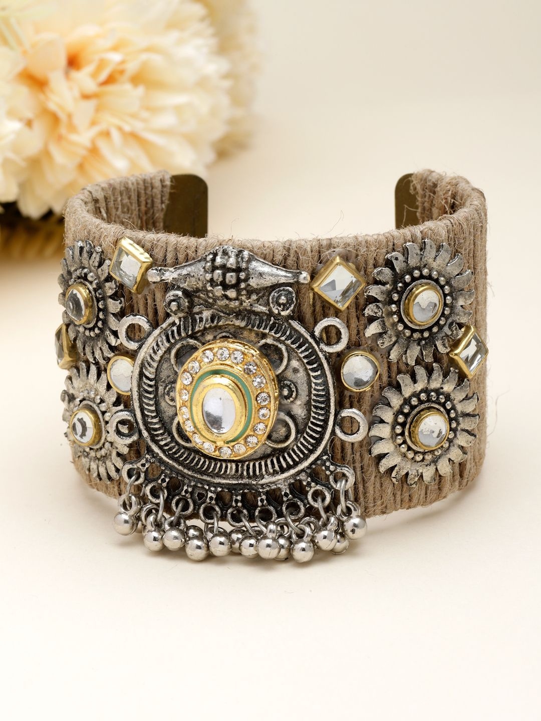 

Moedbuille Silver-Plated Kundan Stone Studded Antique Tribal Design Jute Cuff Bracelet