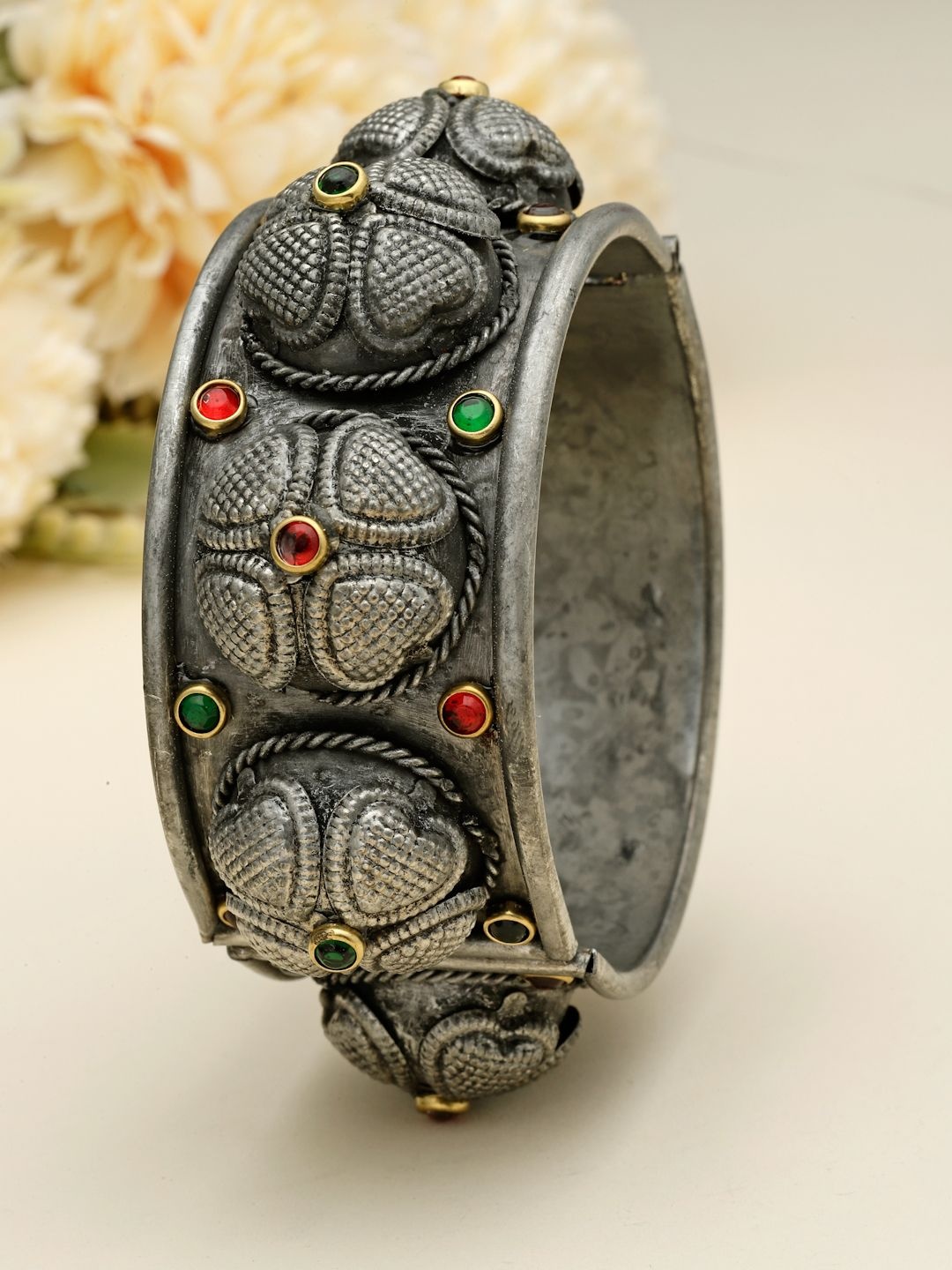 

Moedbuille Silver-Plated Crystals Antique Tribal Oxidised Bangle-Style Bracelet