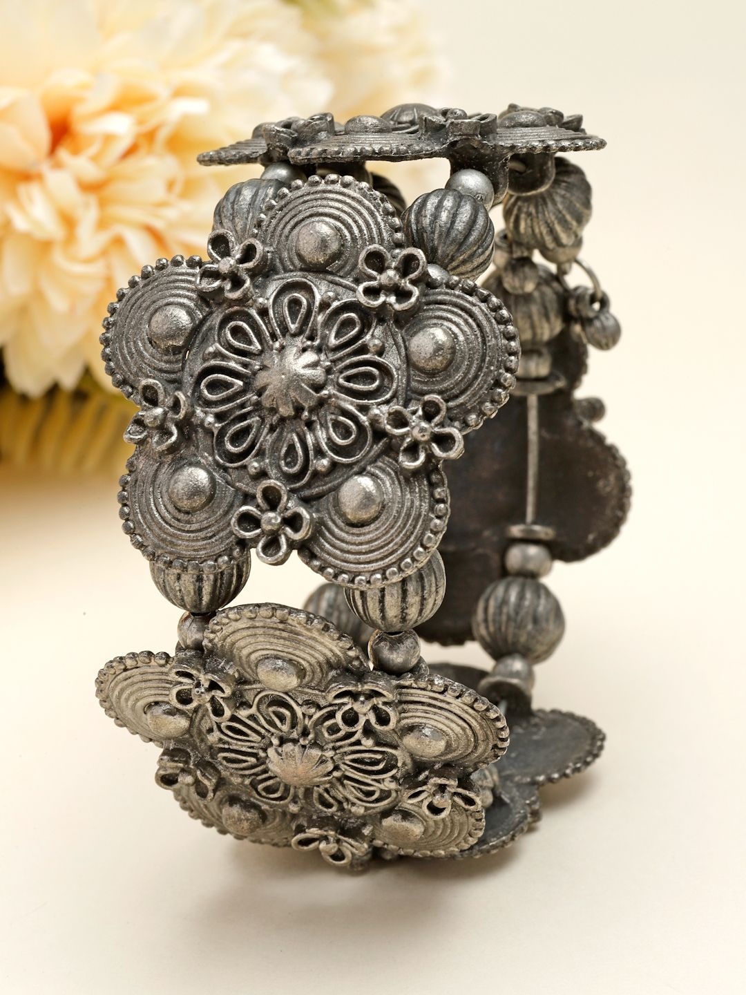 

Moedbuille Silver-Plated Antique Tribal Floral Design Oxidised Bangle-Style Bracelet