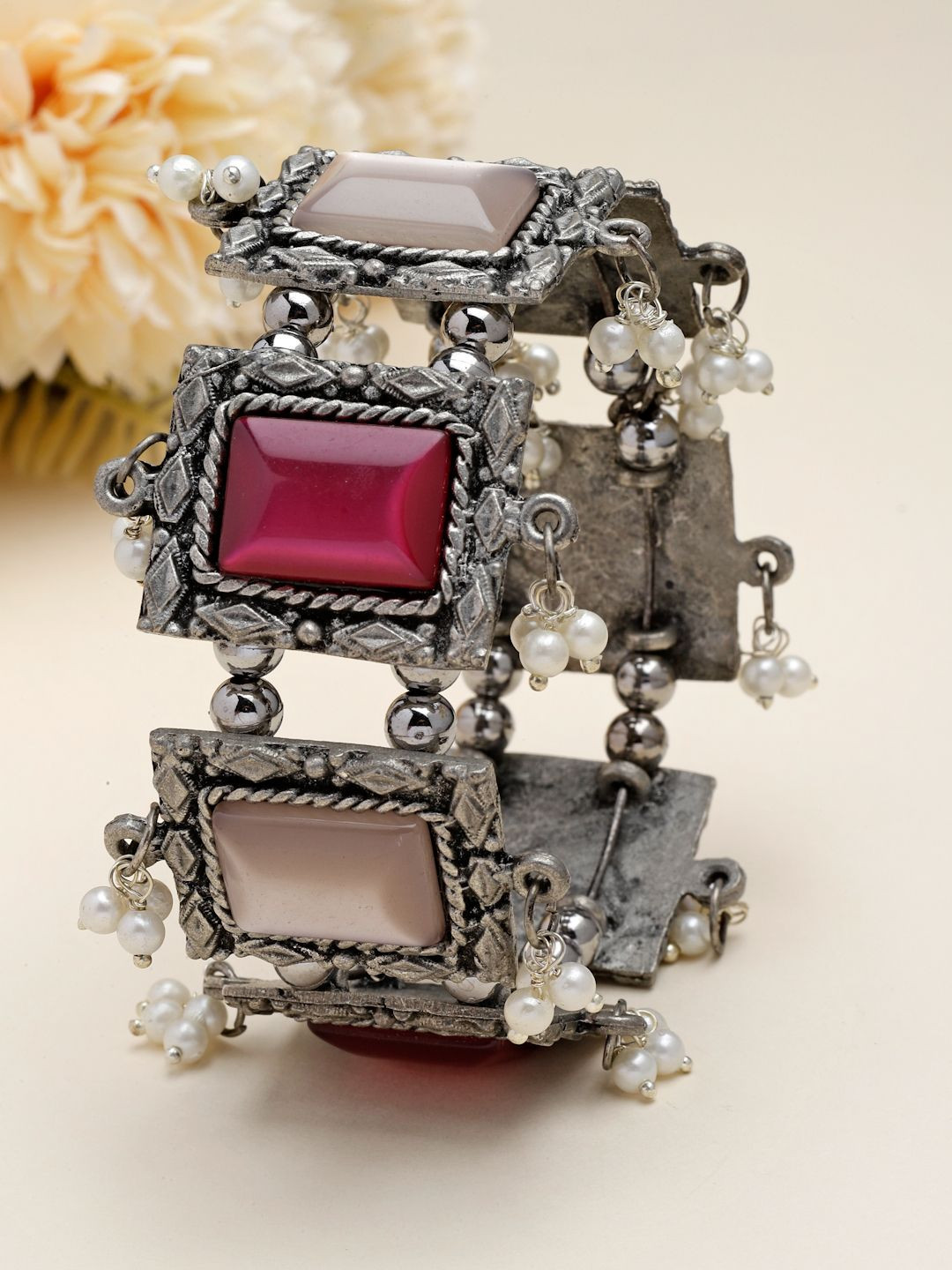 

Moedbuille Silver-Plated Mirrors & Pearls Antique Filigree Oxidised Bangle-Style Bracelet, Pink