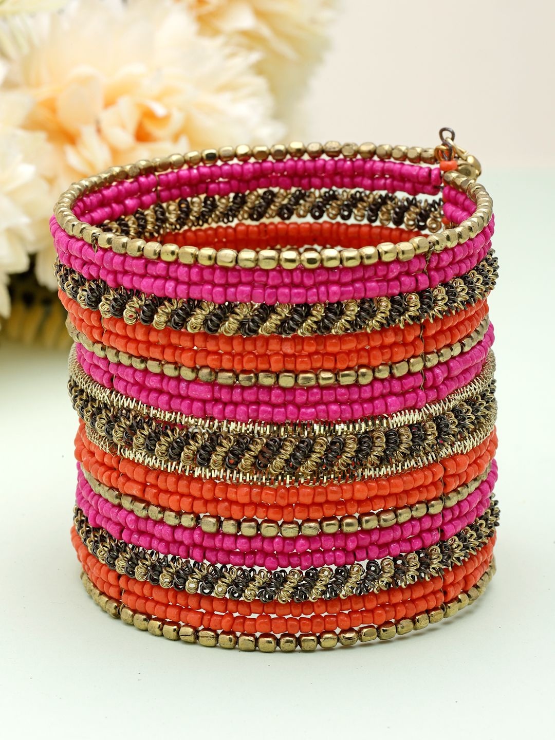 

Moedbuille Gold-Plated Beads Studded Afghan Design Cuff Bracelet, Pink