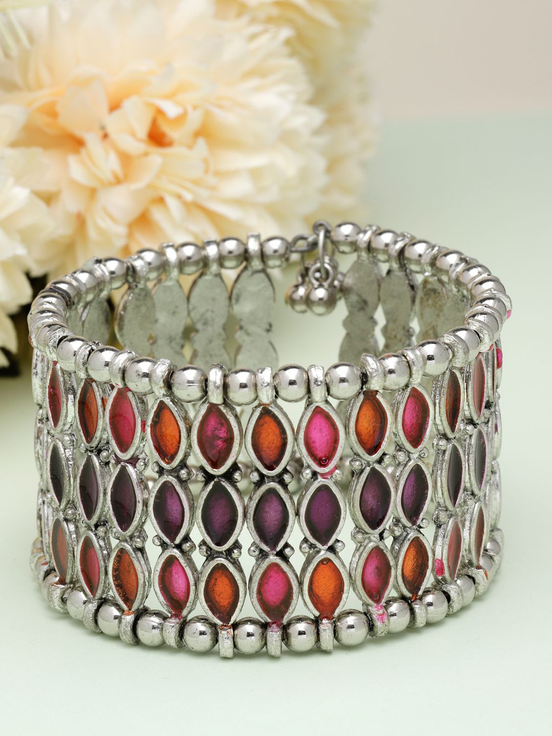 

Moedbuille Silver-Plated Meenakari Work Antique Afghan Design Cuff Bracelet