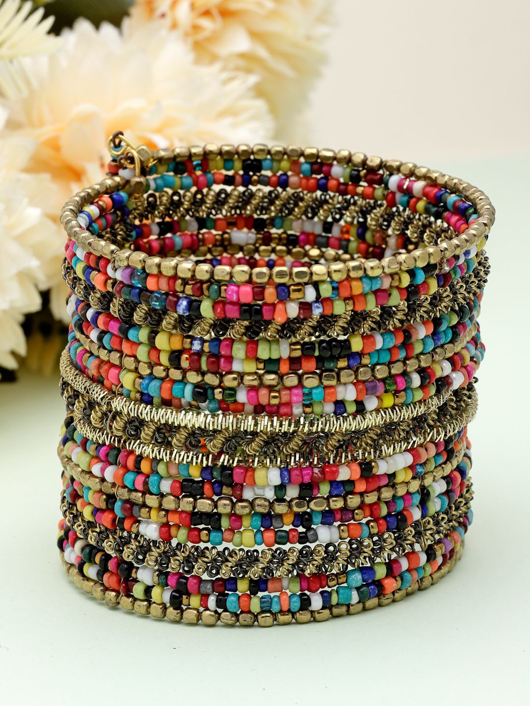 

Moedbuille Gold-Plated Beads Studded Afghan Design Cuff Bracelet