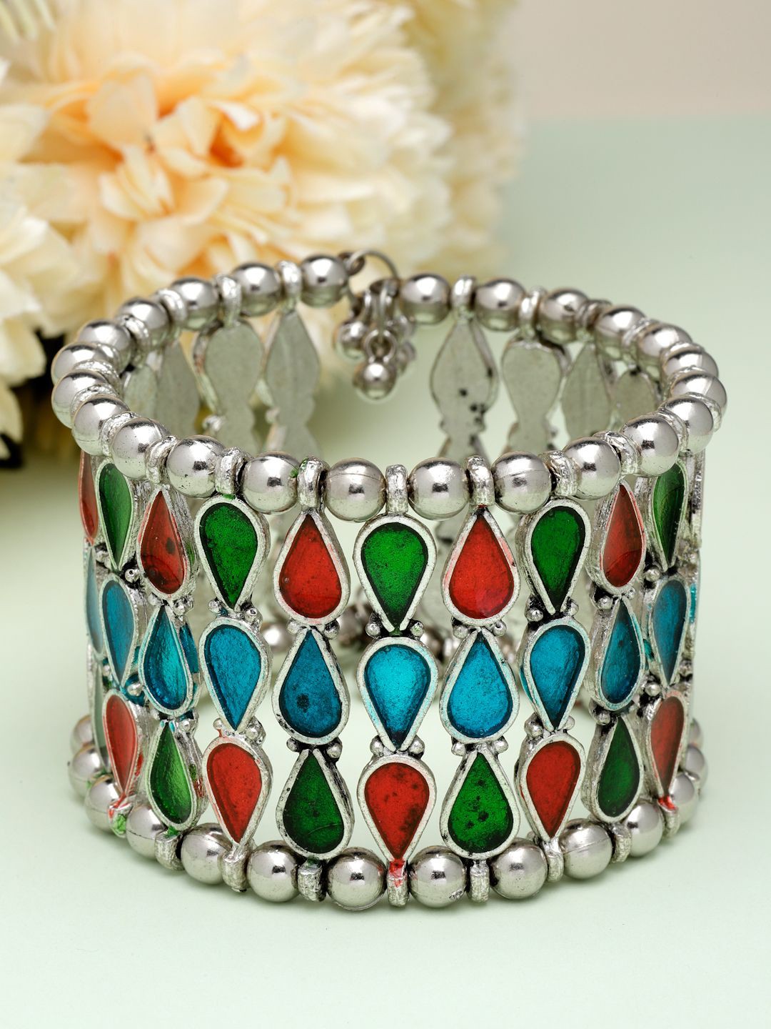 

Moedbuille Silver-Plated Meenakari Work Afghan Teardrop Design Cuff Bracelet