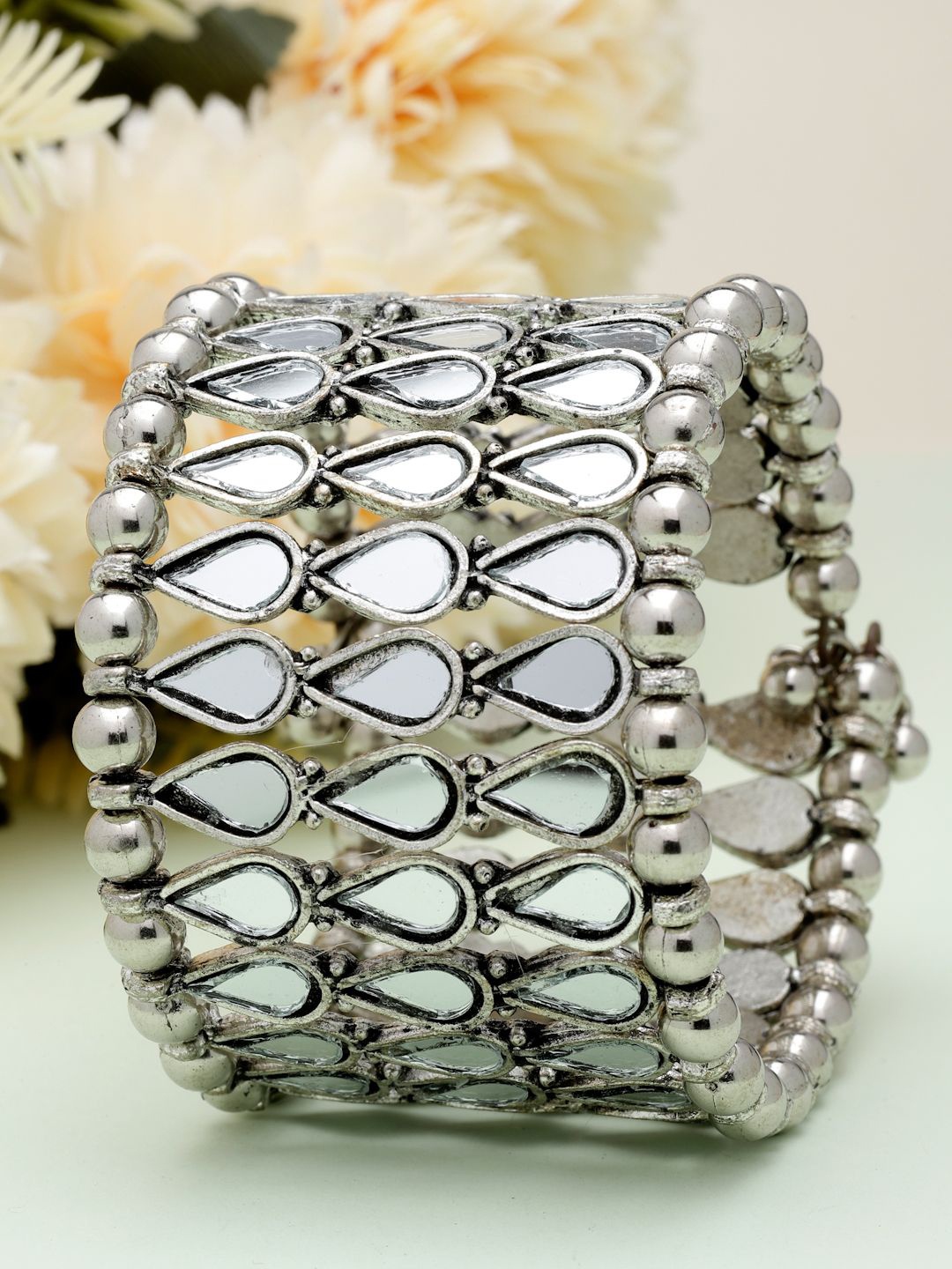 

Moedbuille Silver-Plated Mirrors Studded Afghan Teardrop Design Cuff Bracelet