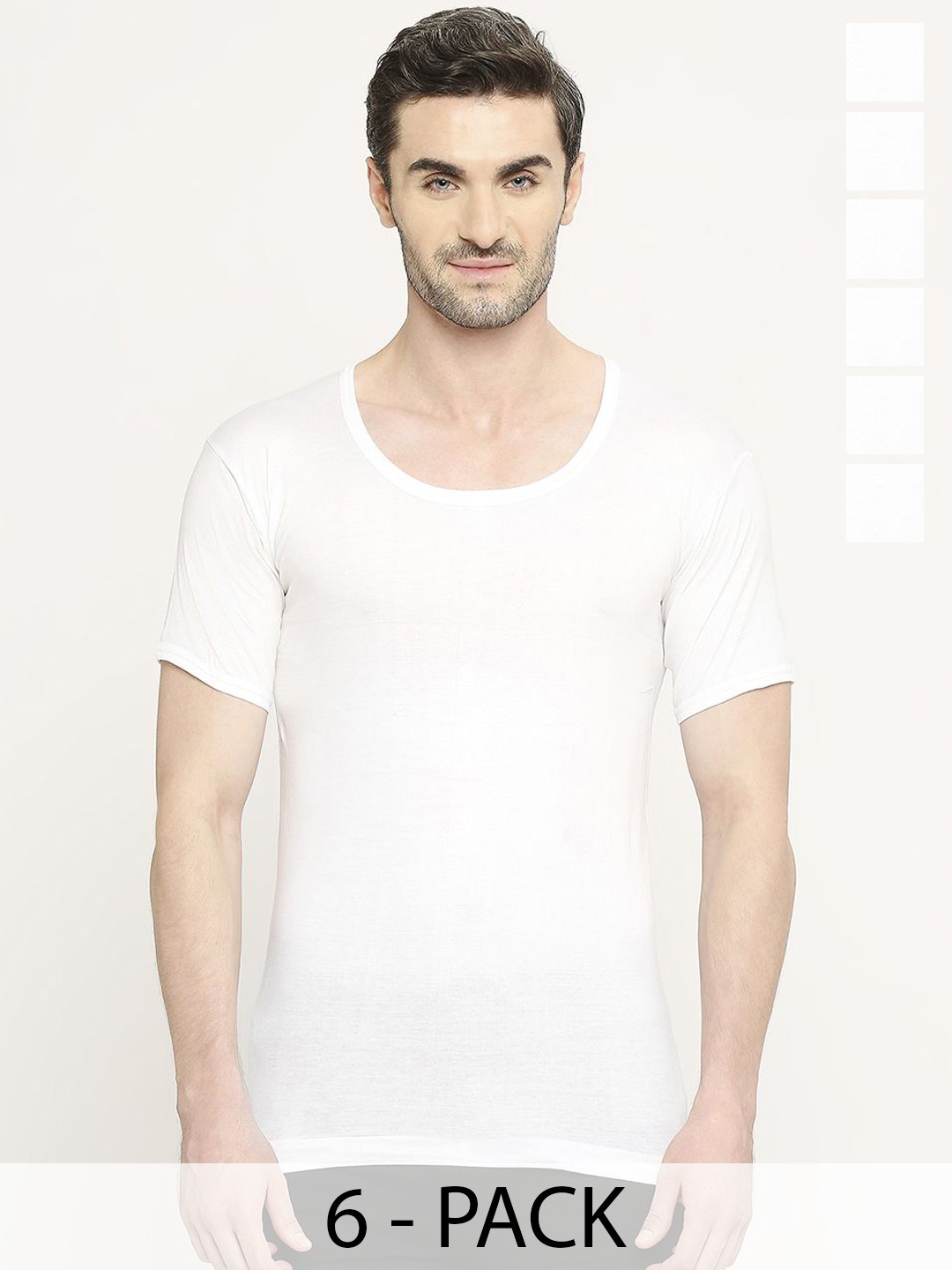 

VIP Men Solid Short Sleeves 6 Pcs Cotton Innerwear Vests VP-MI-VS-CLSRS-10P-PO6-80, White