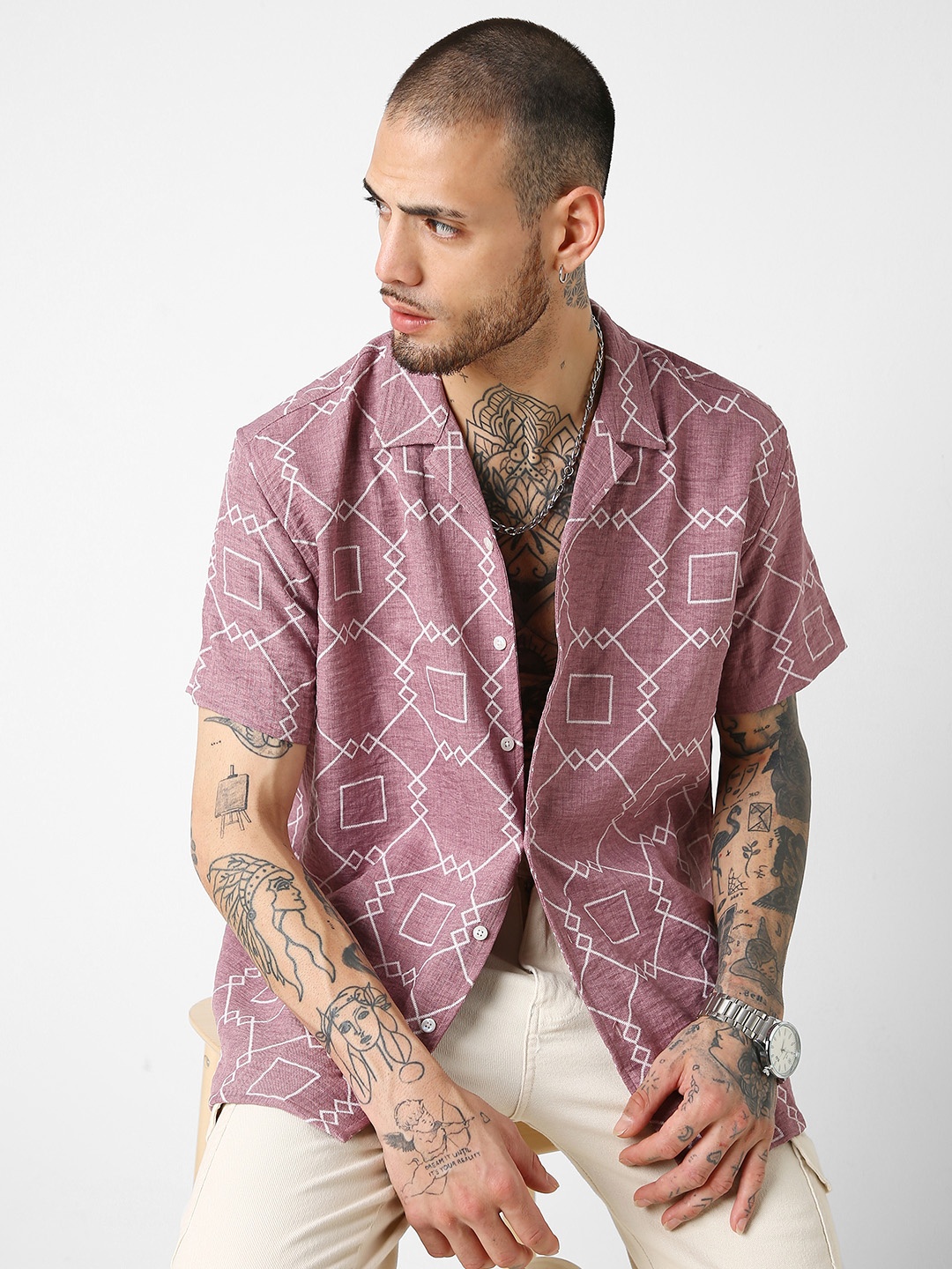 

VASTRADO Classic Geometric Embossed Printed Oversized Casual Shirt, Pink