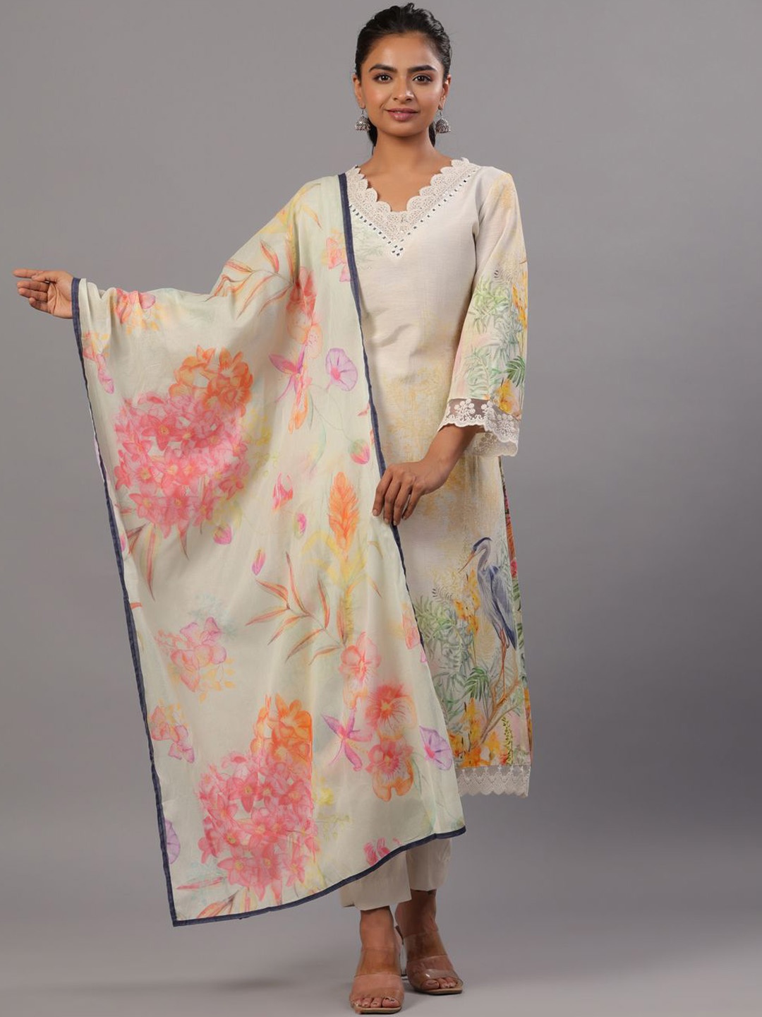 

Amchoor Floral Printed Flared Sleeves Cotton Silk Straight Kurta with Trousers & Dupatta, Cream