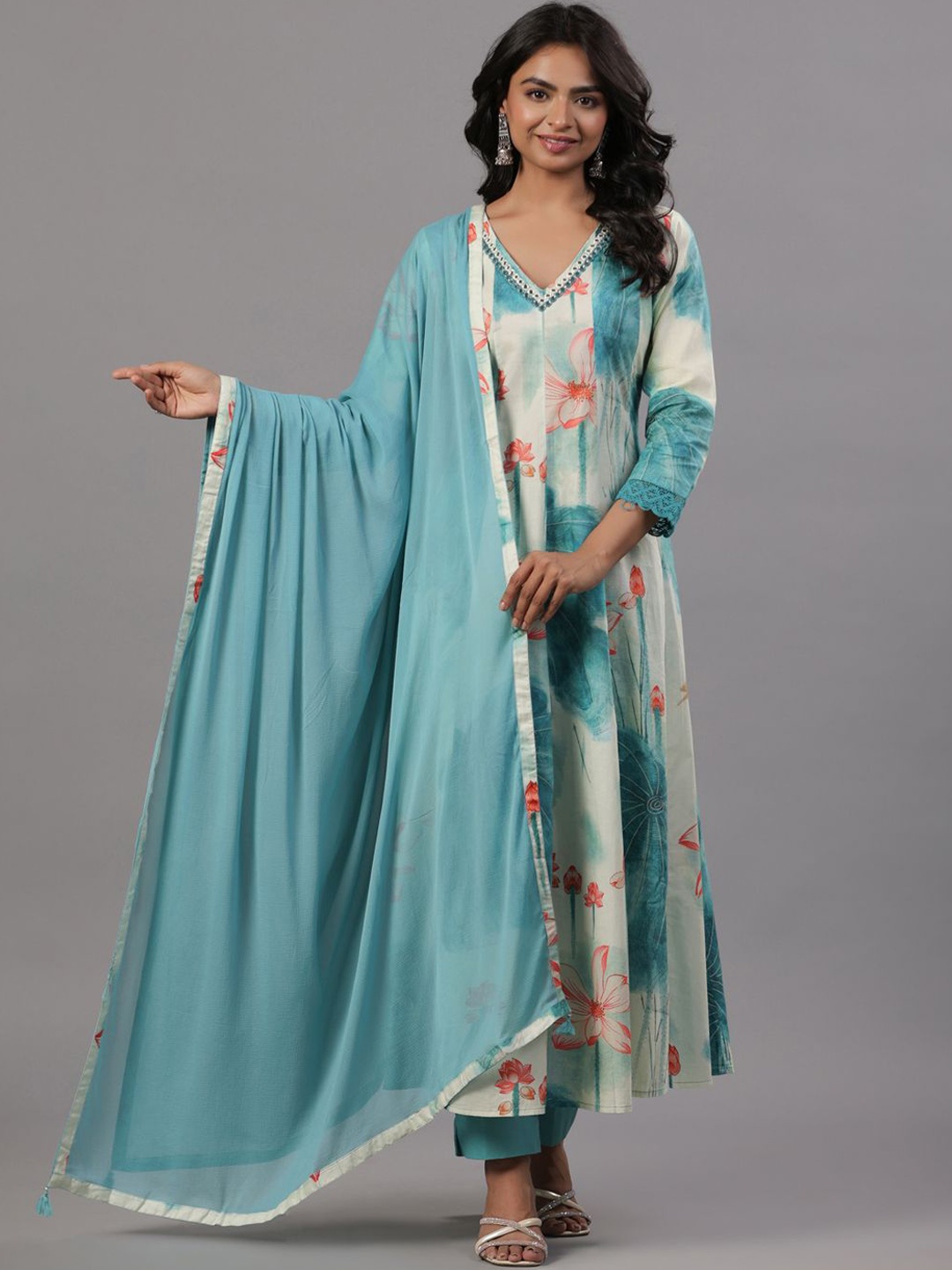 

Amchoor Floral Printed Mirror Work Pure Cotton A-Line Kurta with Trousers & Dupatta, Turquoise blue