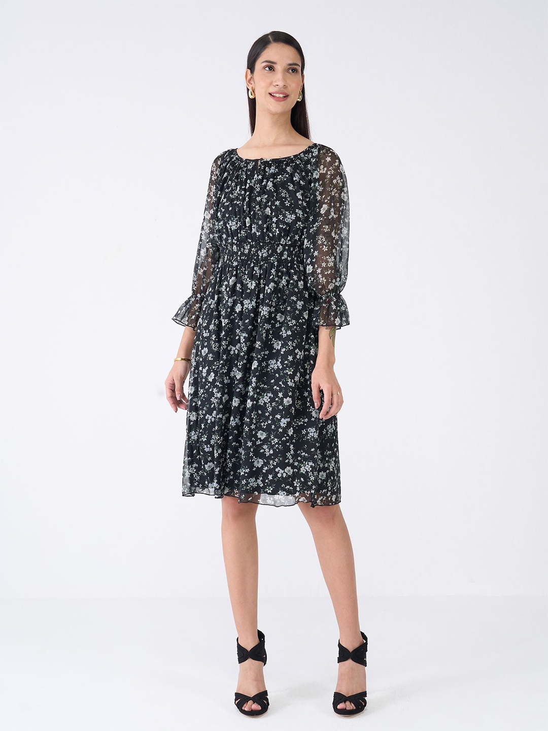 

SALT ATTIRE Floral Print Bell Sleeve Fit & Flare Dress, Black