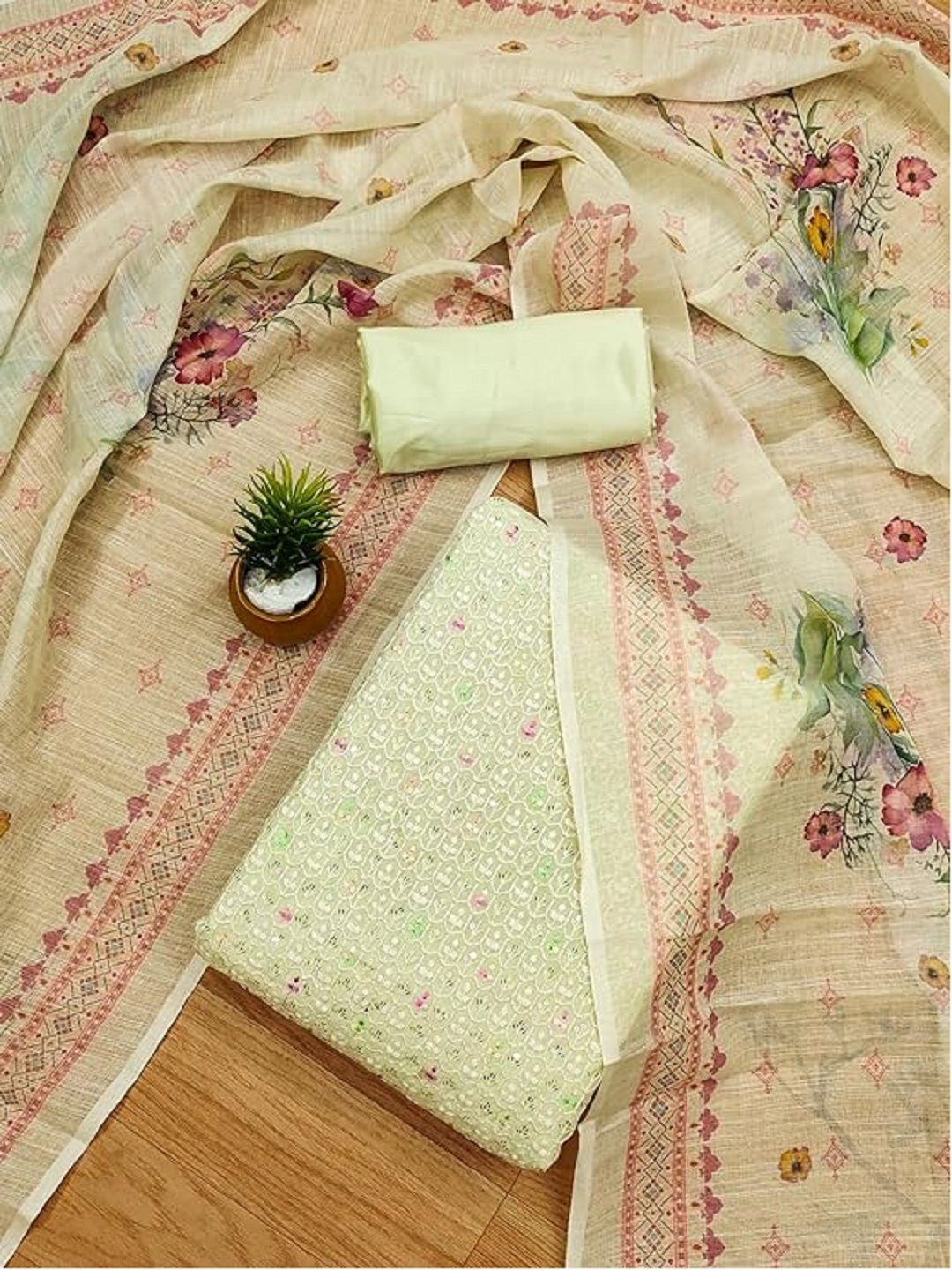 

KRITVA FASHION Floral Embroidered lucknowi Semi-Stitched Dress Material, Green