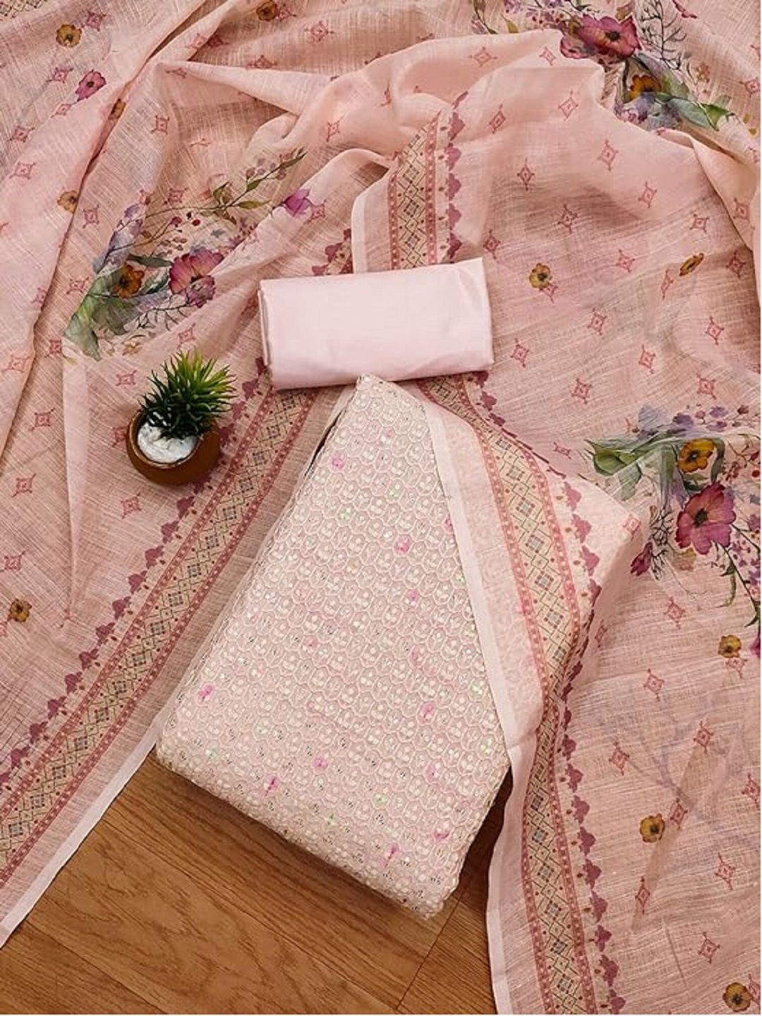 

KRITVA FASHION Floral Embroidered lucknowi Semi-Stitched Dress Material, Pink