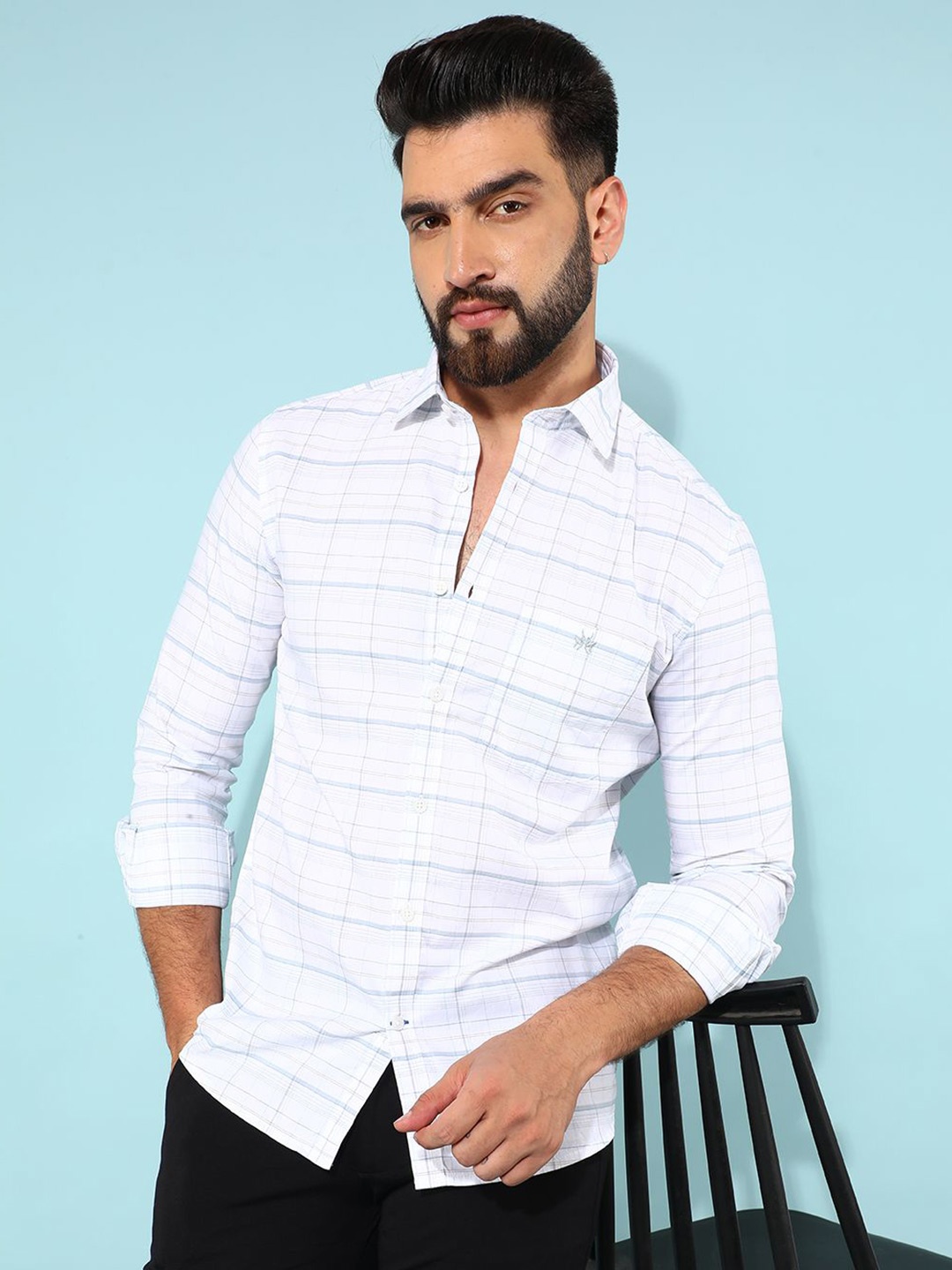 

Crimsoune Club Men Classic Slim Fit Opaque Checked Cotton Casual Shirt, White