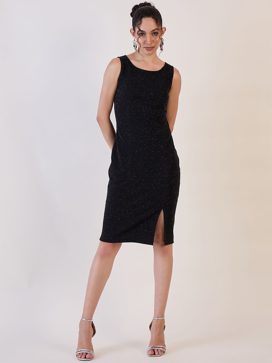 

PowerSutra Women Embellished Round Neck Sleeveless Knee Length Sheath Dress, Black