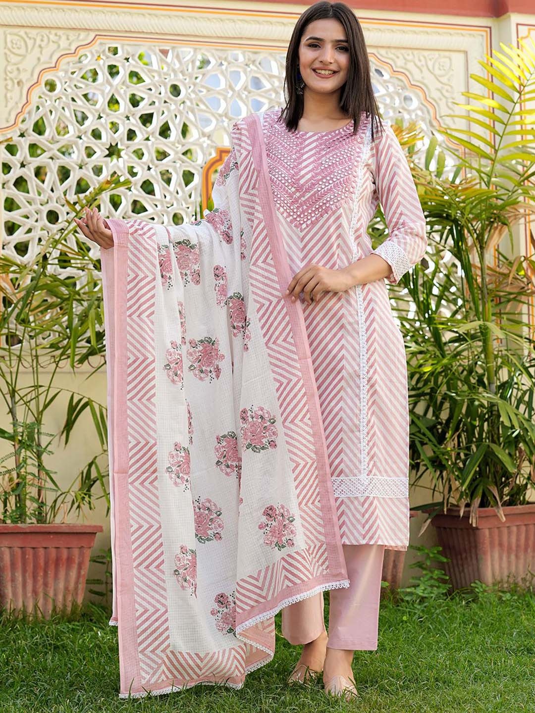 

KALINI Leheriya Printed Pure Cotton Straight Kurta With Trousers & Dupatta, Pink