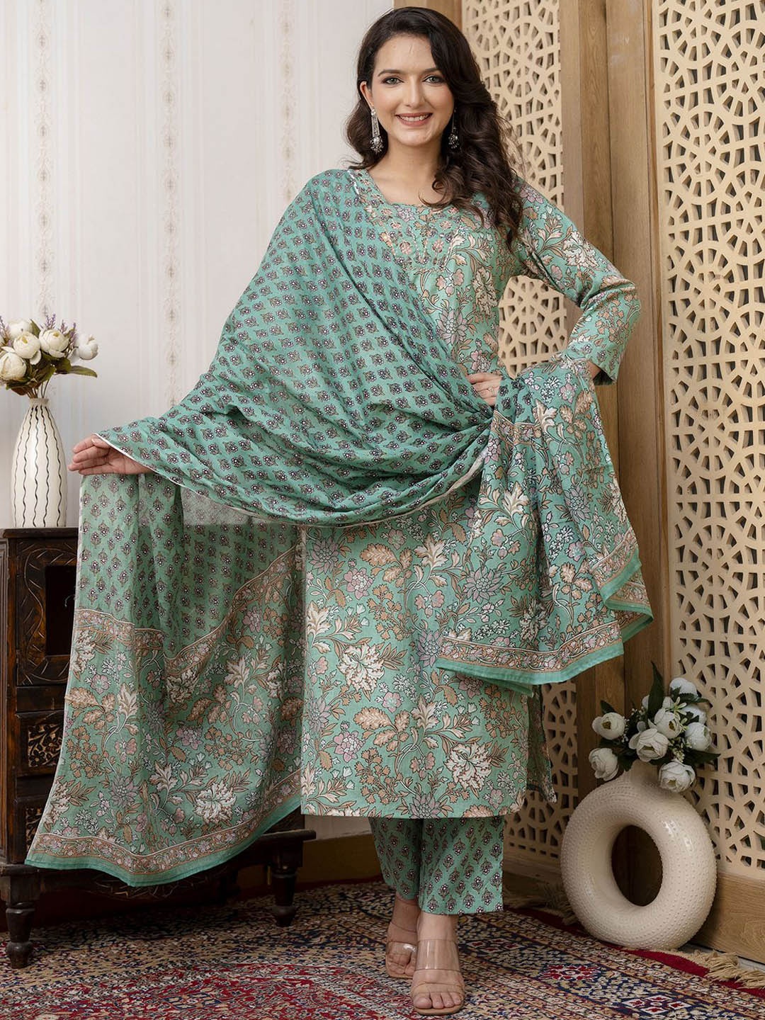 

KALINI Floral Printed Thread Work Pure Cotton Kurta with Trousers & Dupatta, Green