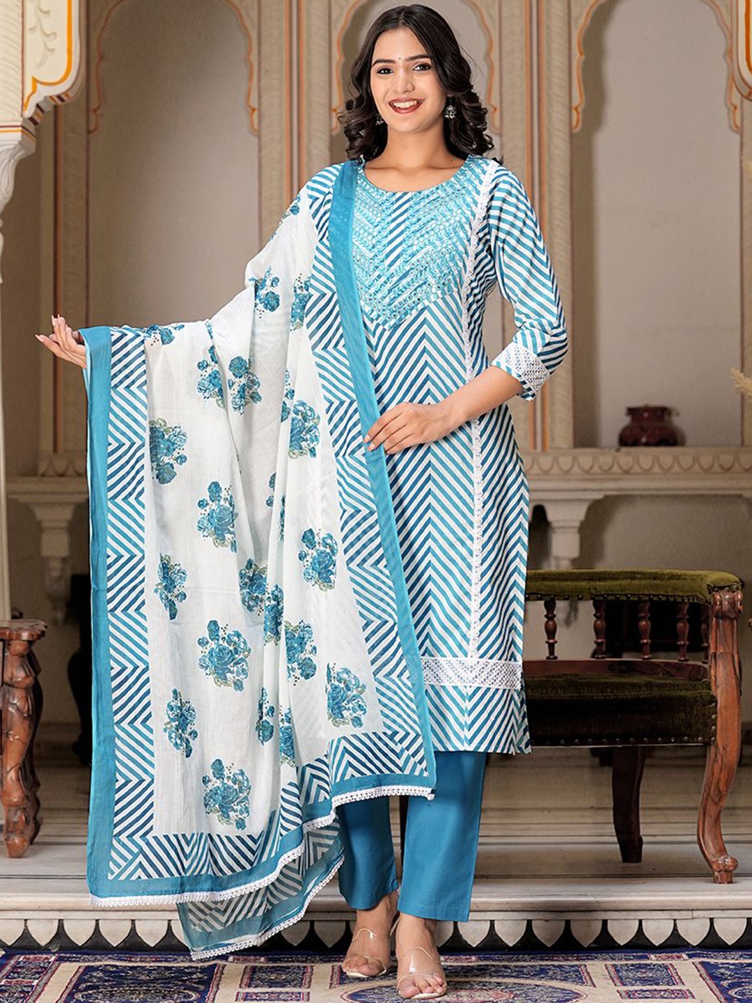 KALINI Chevron Printed Mirror Work Pure Cotton Straight Kurta With Trousers & Dupatta, Blue