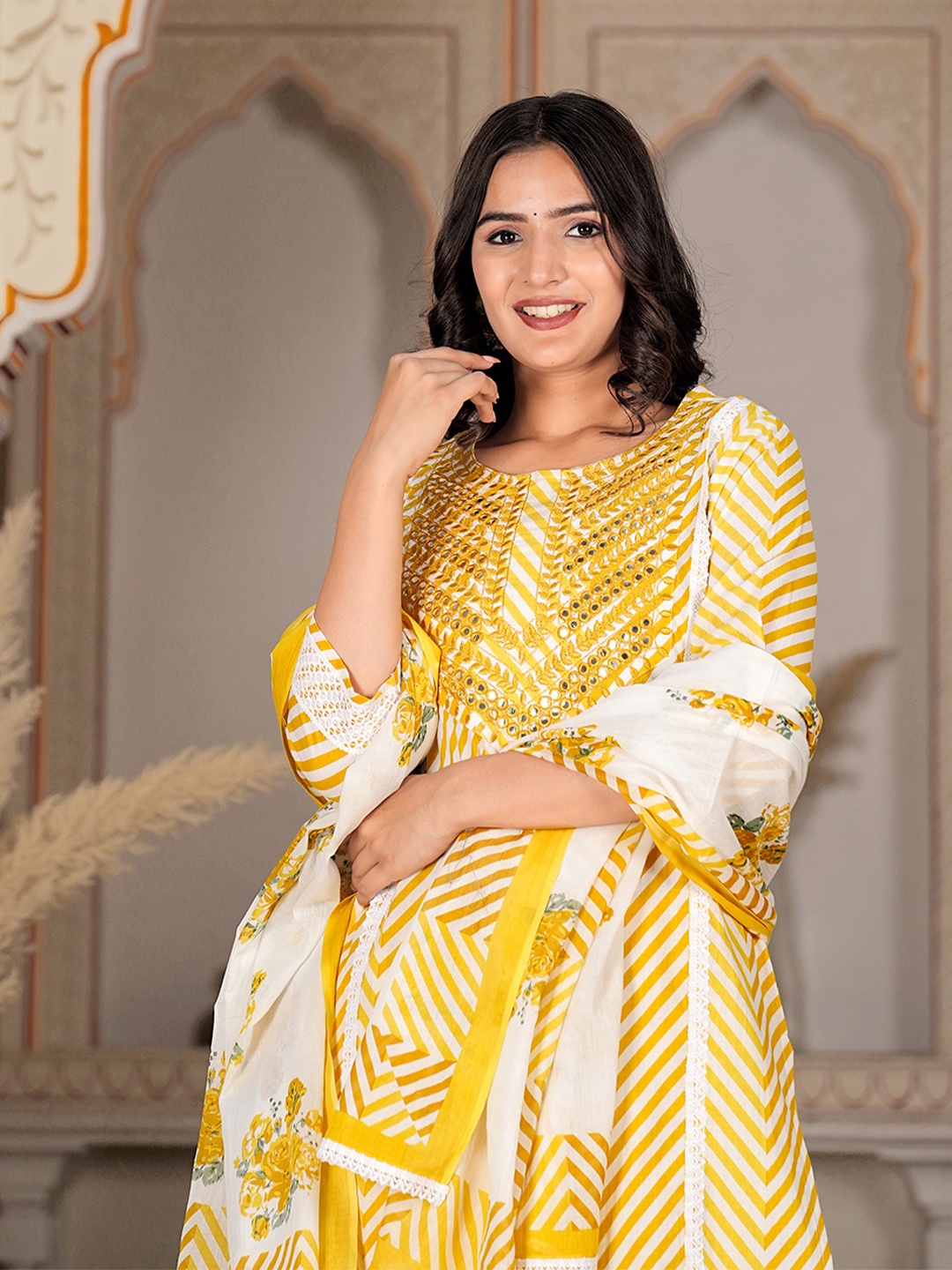 

KALINI Ethnic Motifs Embroidered Pure Cotton Straight Kurta & Trousers & Dupatta, Yellow
