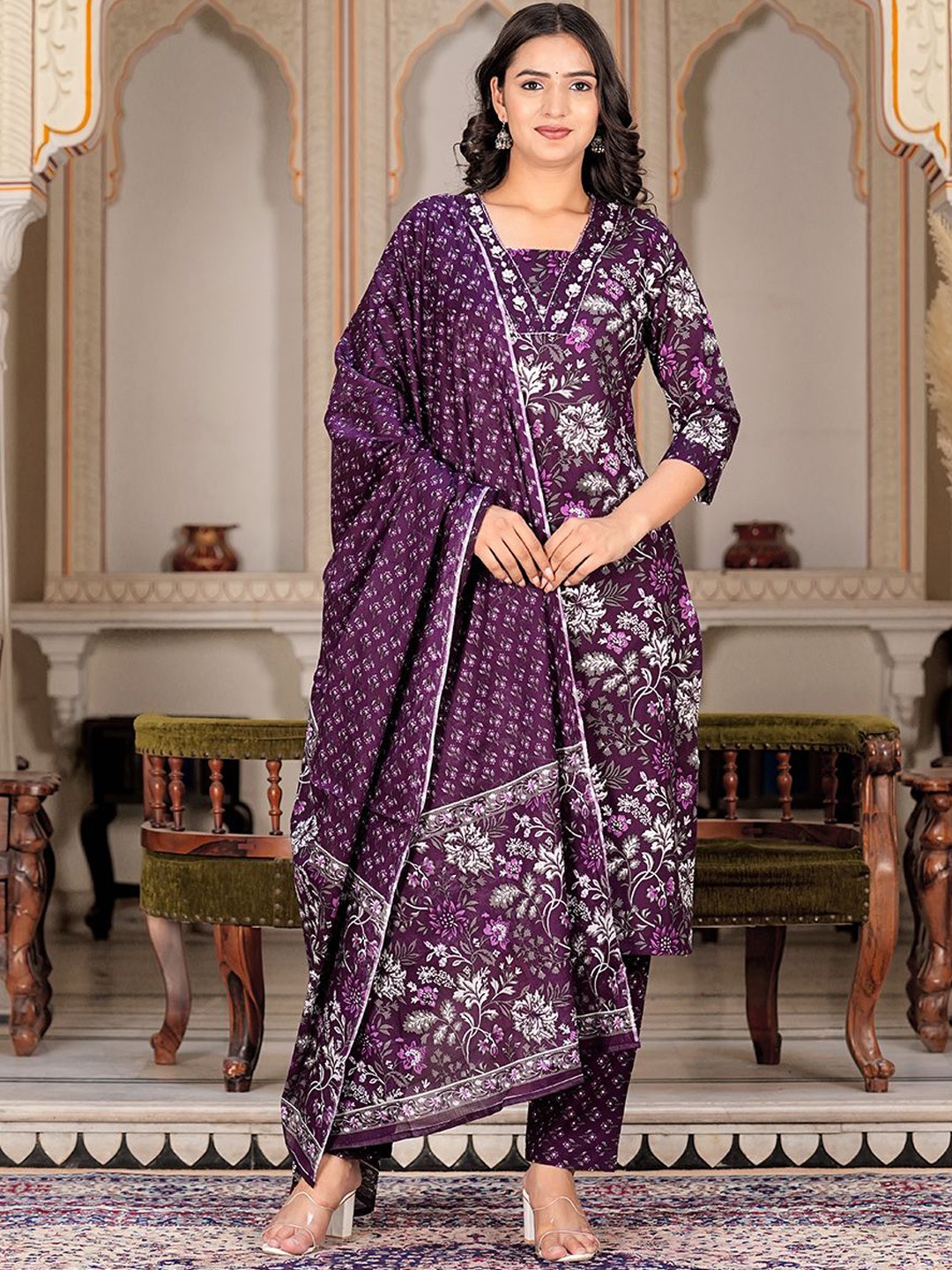 

KALINI Floral Printed Mirror Work Pure Cotton Straight Kurta With Trousers & Dupatta, Violet