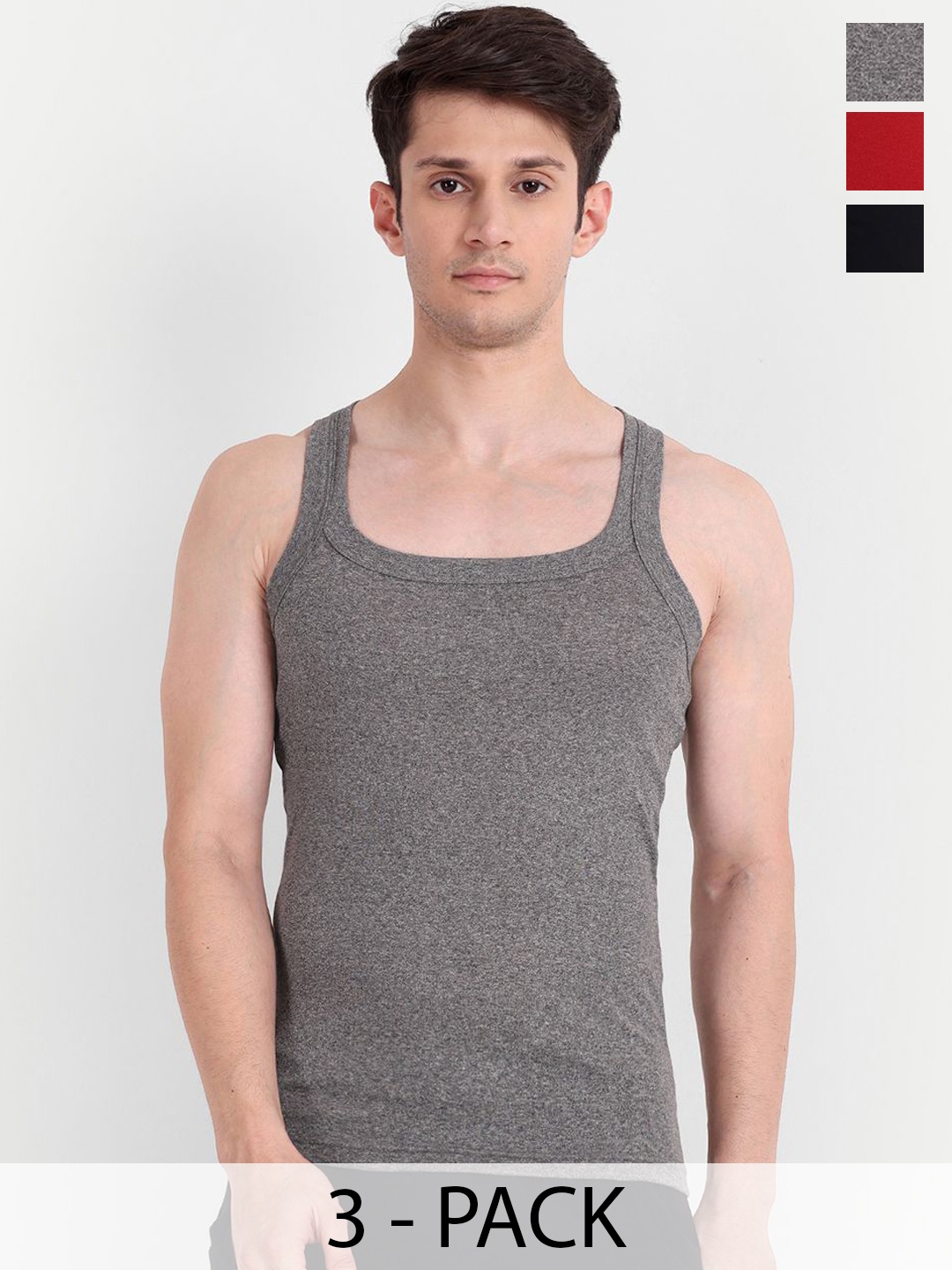 

KANSAL Pack Of 3 Solid Cotton Innerwear Vests 2C-SOLID_P3, Grey melange