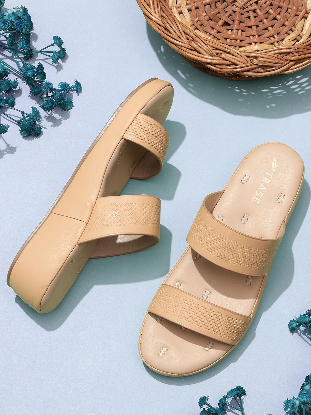

TRASE Women Textured Block Sandals Heels, Beige
