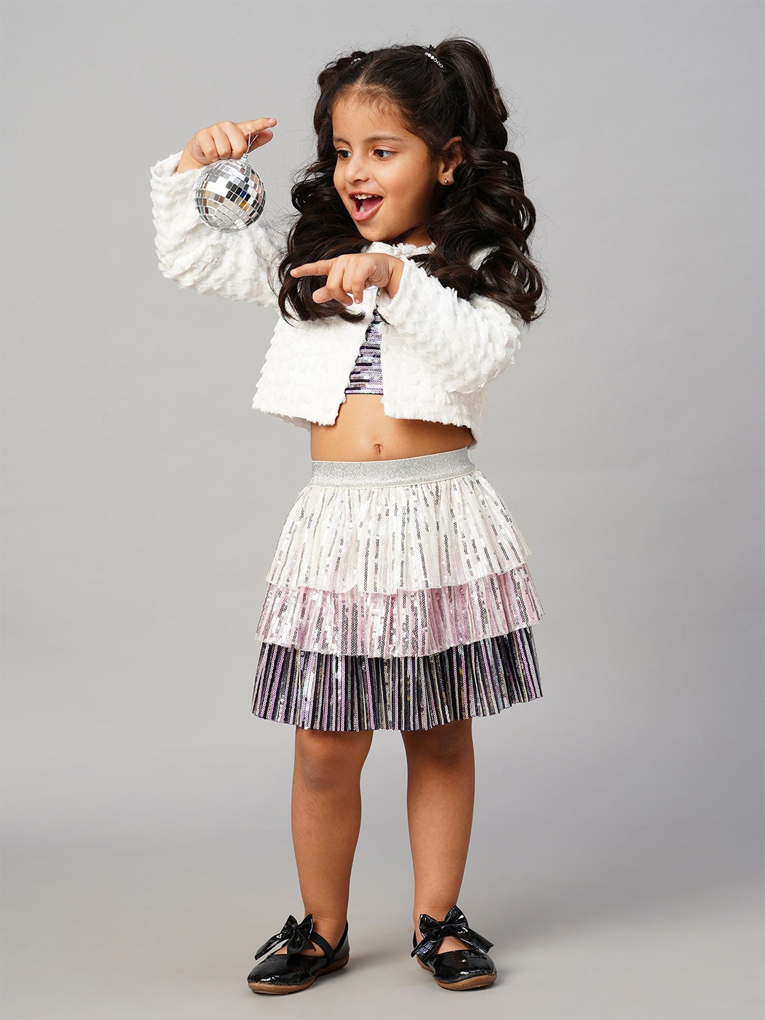 

LIL DRAMA Razzle Dazzle Girls Self Design Front Open Shrug, White