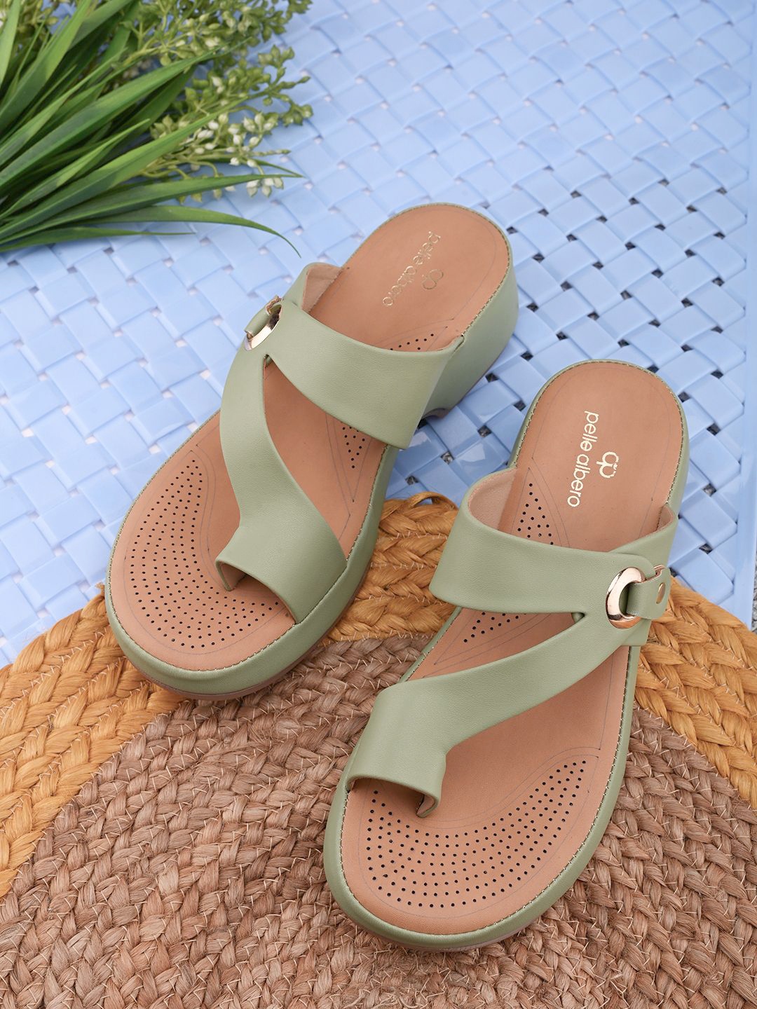 

pelle albero Women Solid Open Toe Work Comfort Sandals with Buckles Heels, Green