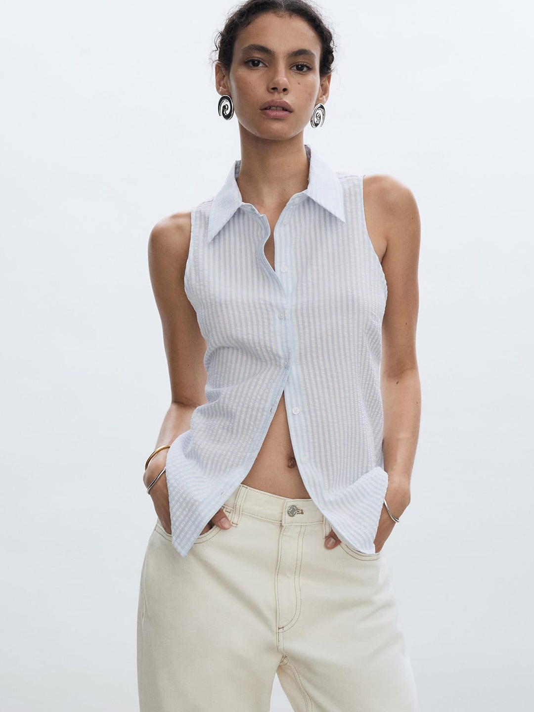 

MANGO Striped Textured Shirt, Blue