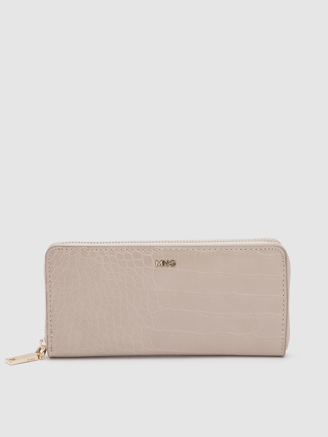 

MANGO Women Croc Textured Zip Around Wallet, Beige