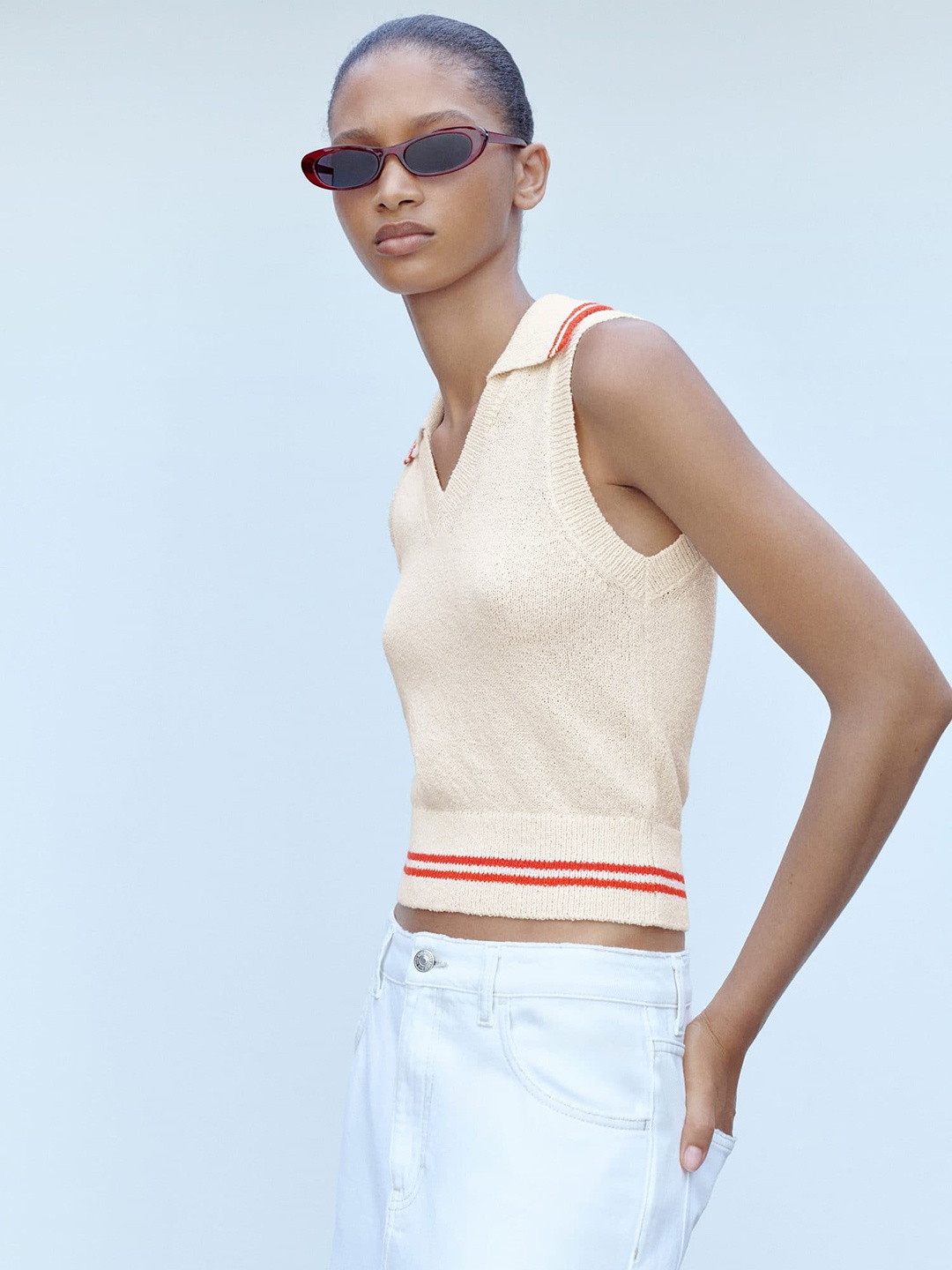 

MANGO Striped knitted Pullover, Cream