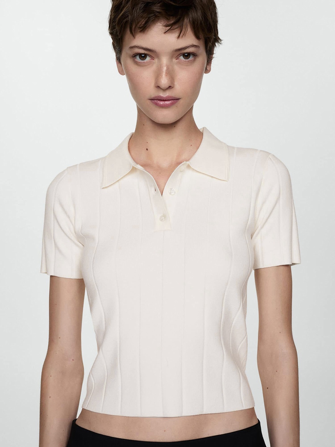 

MANGO Polo Collar Knit Top, Cream